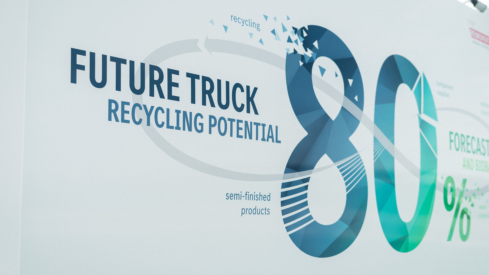 Nahaufnahme der Fahrzeugbeklebung zeigt die Aufschrift „Future Truck Recycling Potential 80 %".
