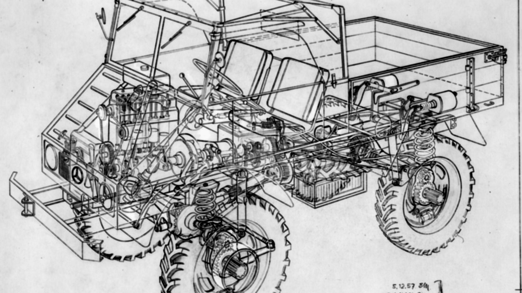 Technische tekening van een Mercedes-Benz Unimog, die de interne structuur en de componenten van het voertuig gedetailleerd weergeeft, inclusief motor en onderstel.