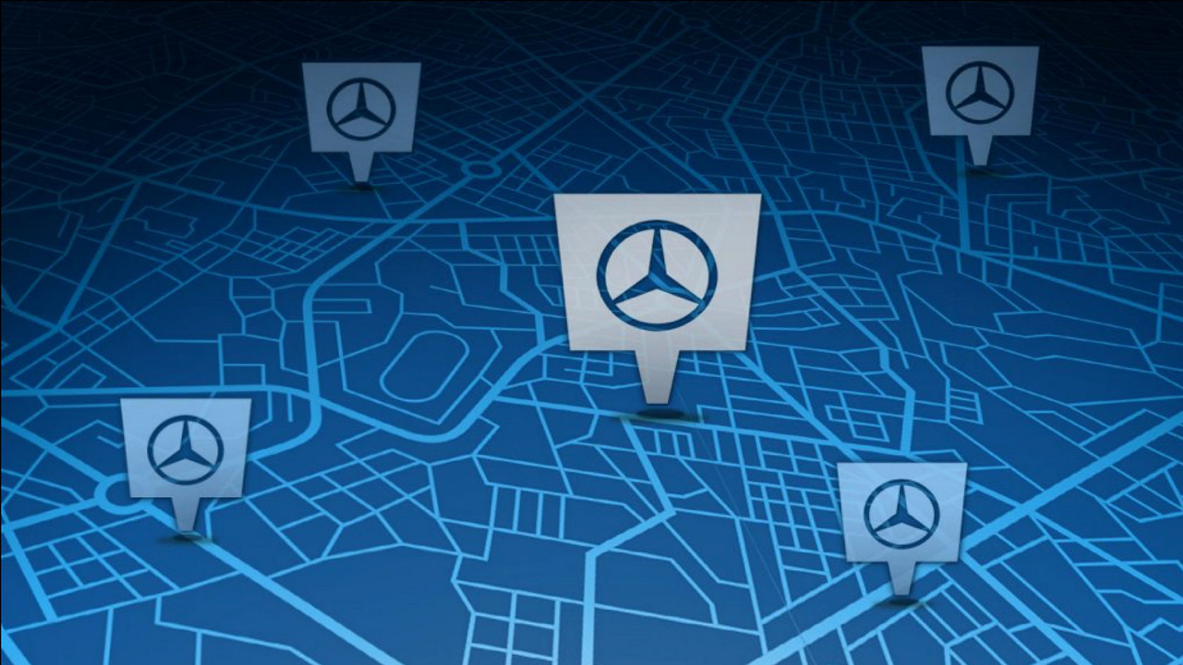 Eine stilisierte, blaue Landkarte mit mehreren Standort-Markierungen. Jede Markierung zeigt das Mercedes-Benz Logo und stellt einen Händlerstandort dar.