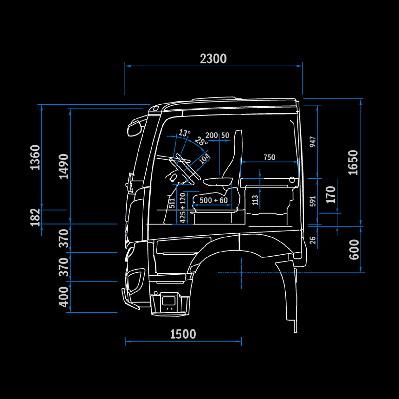 L-cabine Low Roof 2,3 m, tunnel 170, zijaanzicht