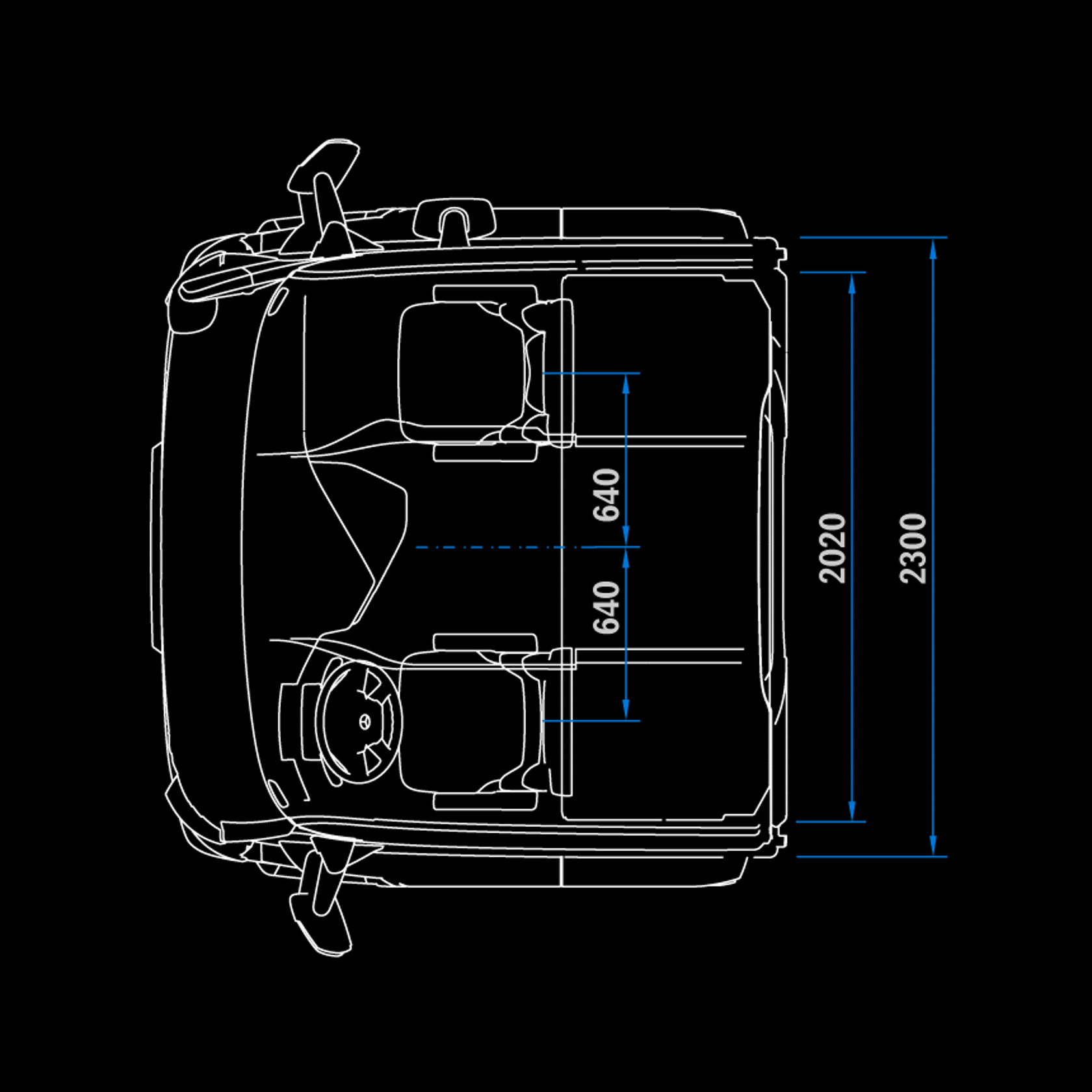 Cabine longue Low Roof 2,3 m, Tunnel 170, vue de dessus