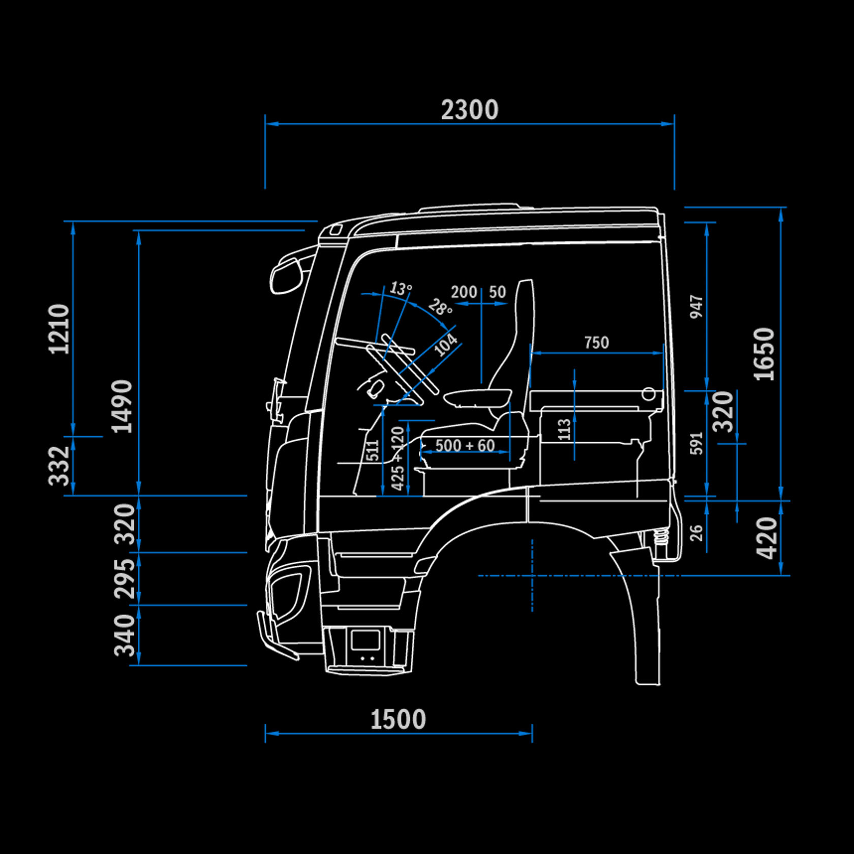 L-cabine Low Roof 2,3 m, tunnel 320, zijaanzicht