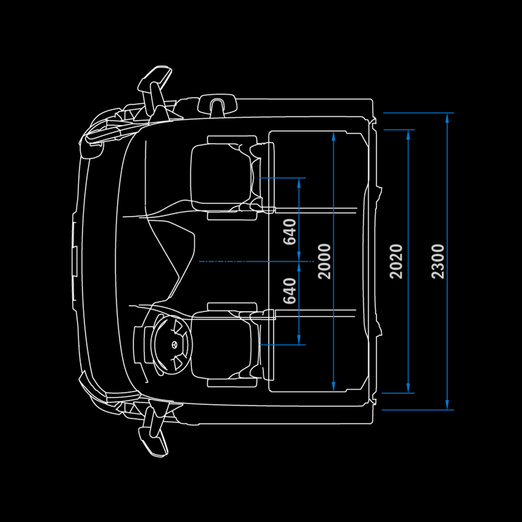 Cabine longue Low Roof 2,3 m, Tunnel 320, vue de dessus