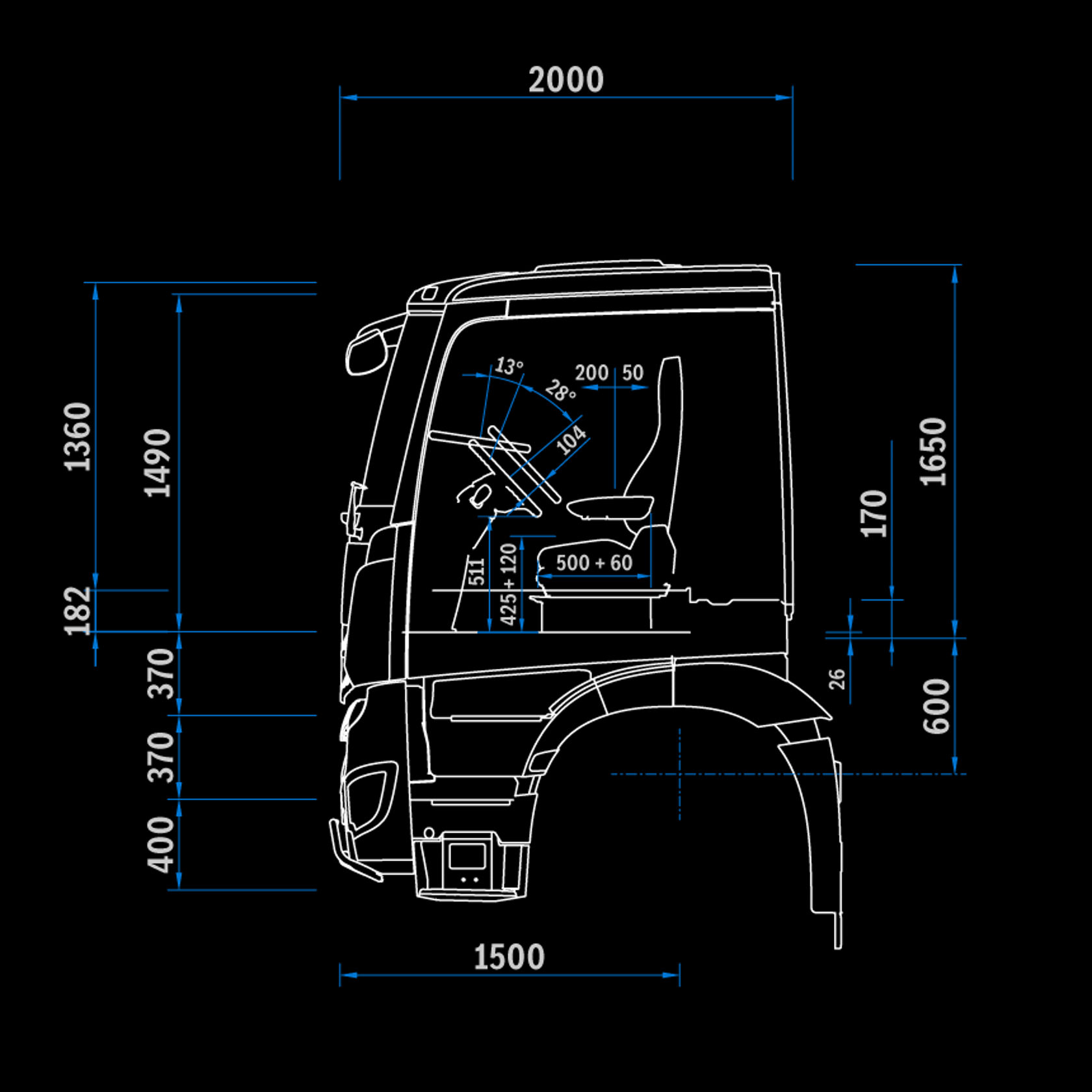 Cabine moyenne Low Roof 2,3m, Tunnel 170, vue latérale