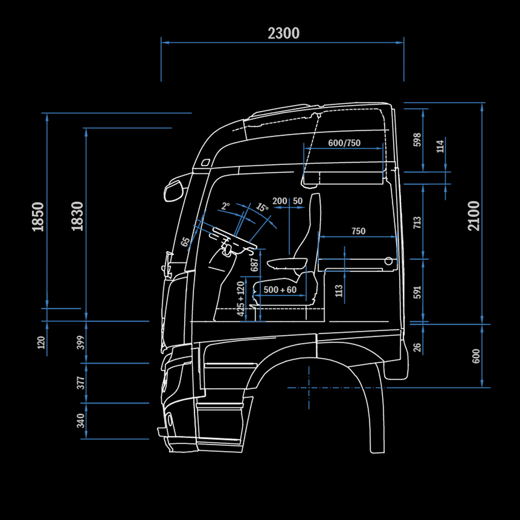 L-cabine StreamSpace 2,5 m, tunnel 120, zijaanzicht