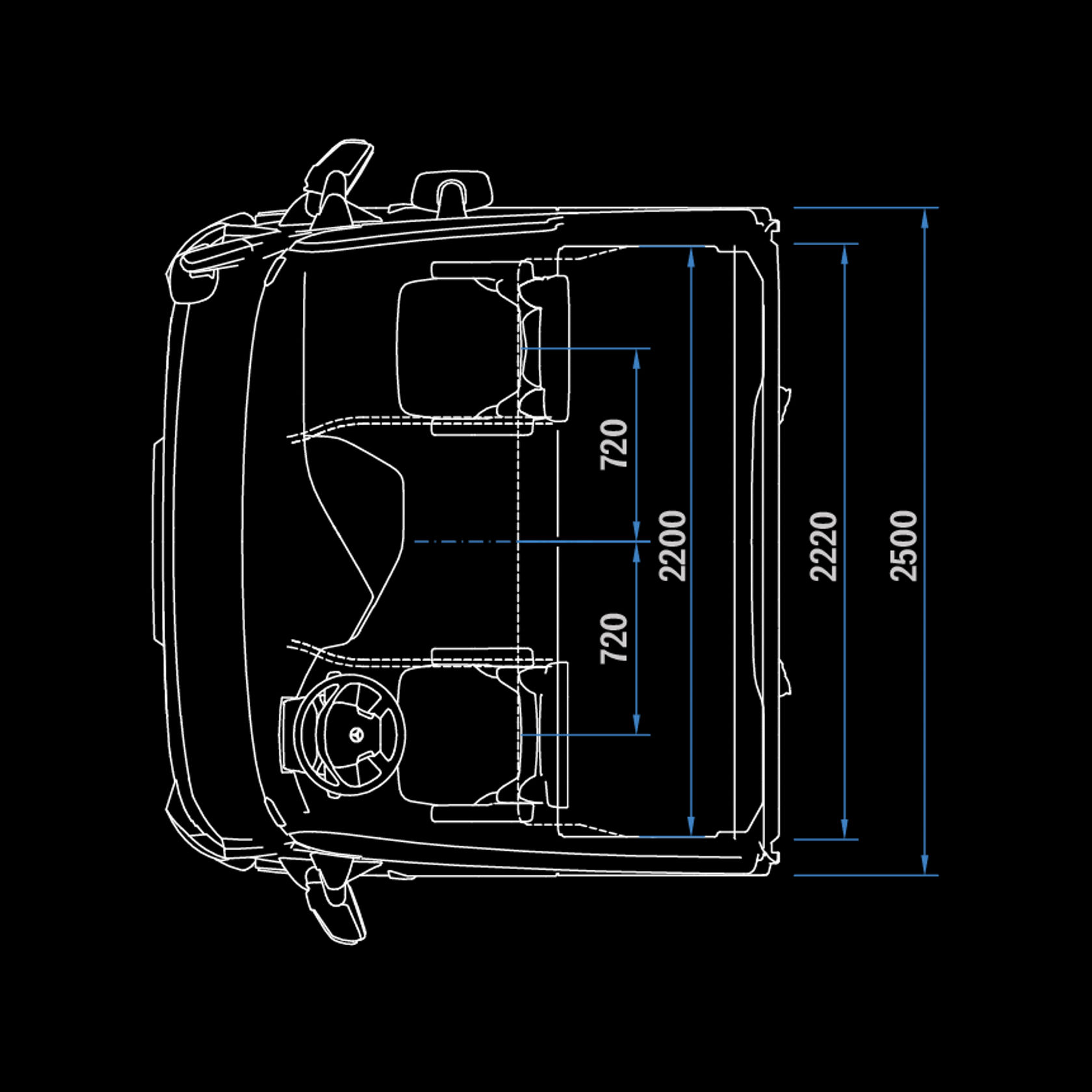 Cabine longue StreamSpace 2,5 m, tunnel 120, vue de dessus