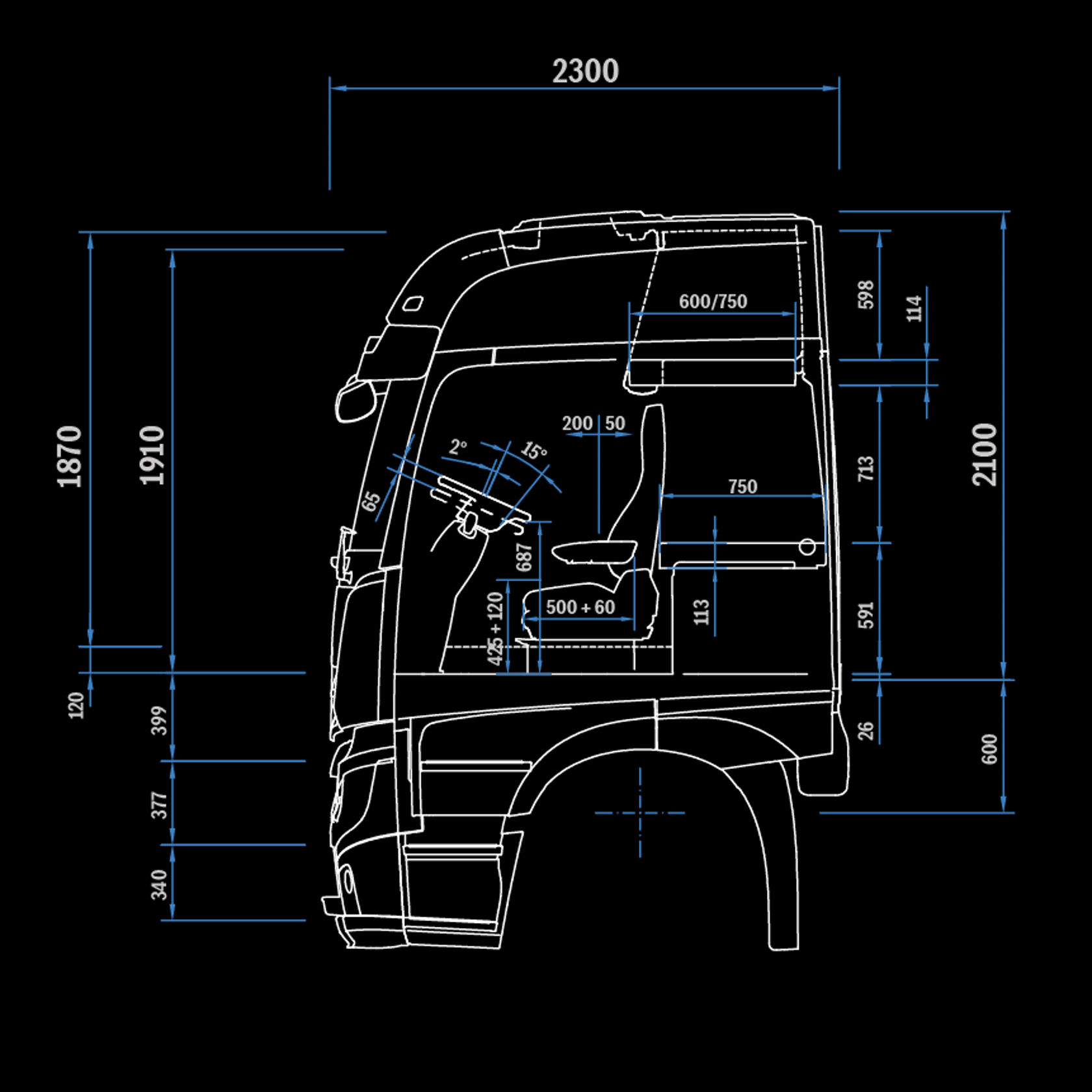 L-cabine BigSpace 2,5 m, tunnel 120, zijaanzicht