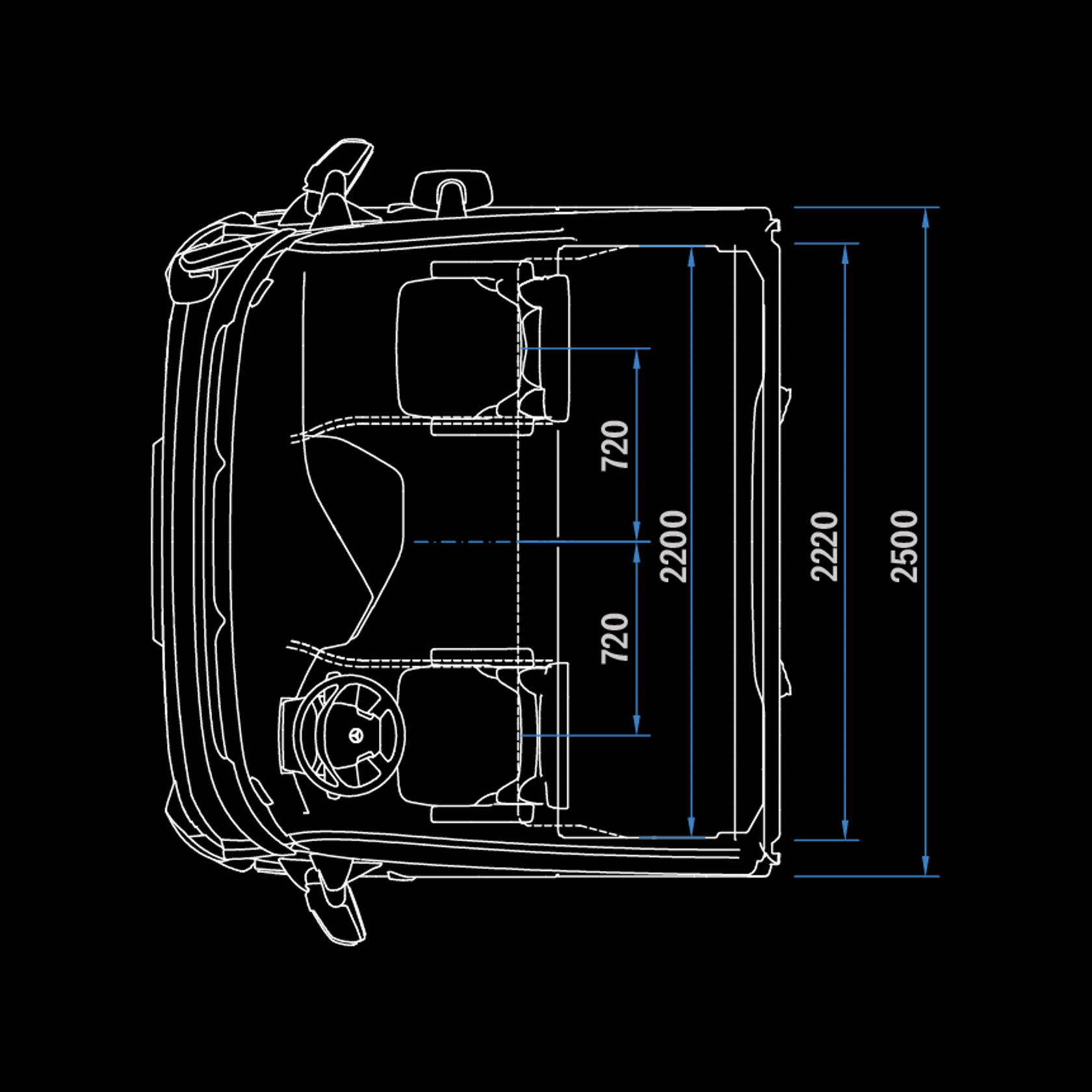 Cabine longue BigSpace 2,5 m, tunnel 120, vue de dessus