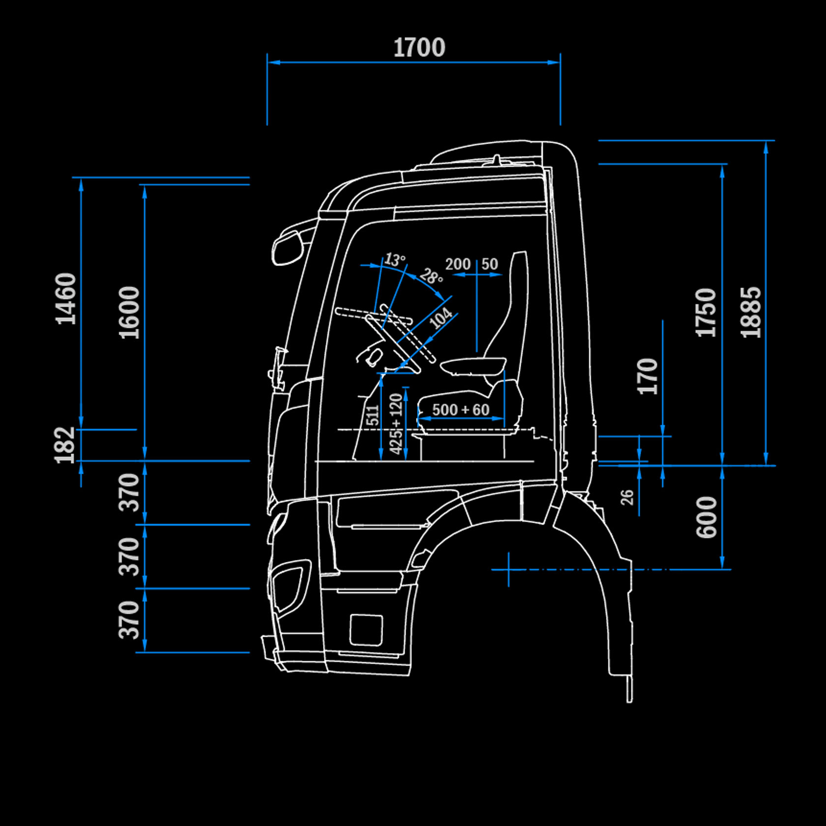 Cabina di guida S ClassicSpace, 2,3 m, tunnel 170, vista laterale