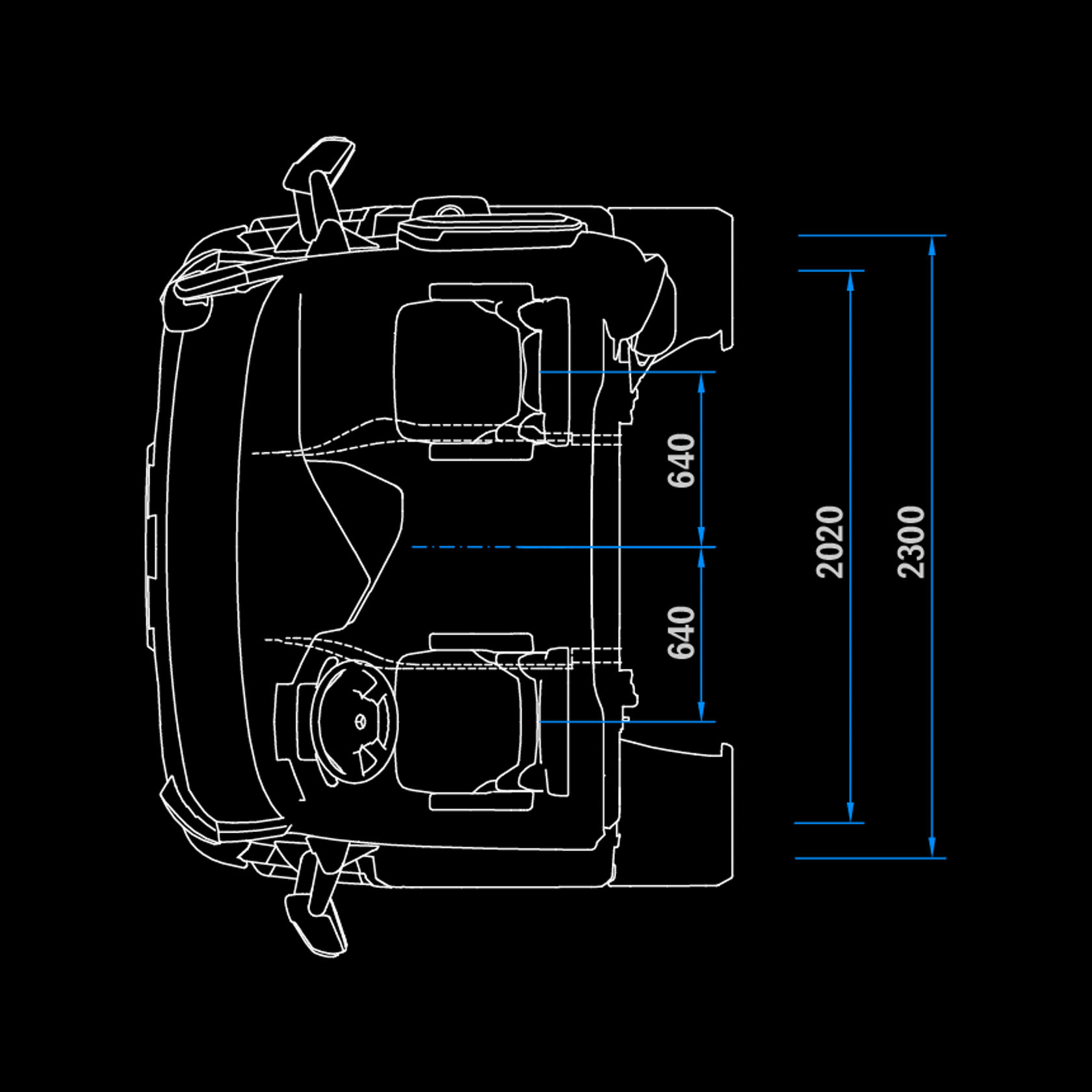 Cabine courte ClassicSpace 2,3 m, tunnel 170, vue de dessus