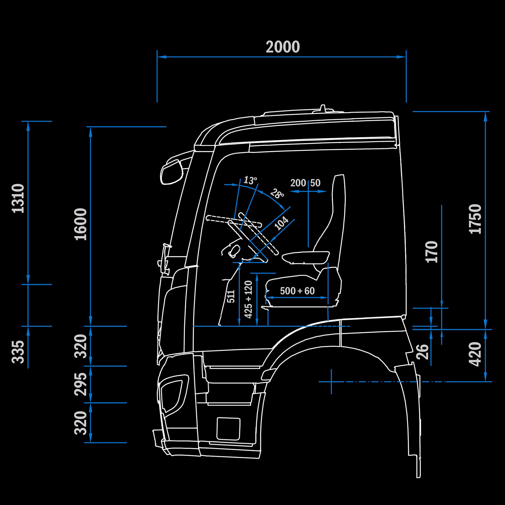 Cabina di guida M ClassicSpace, 2,3 m, tunnel 170, vista laterale