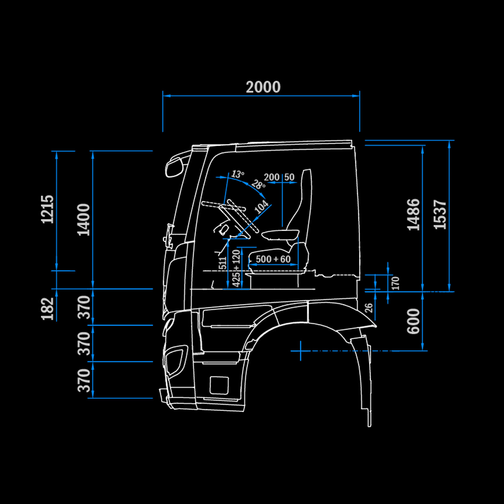 Cabina di guida M CompactSpace, 2,3 m, tunnel 170, vista laterale