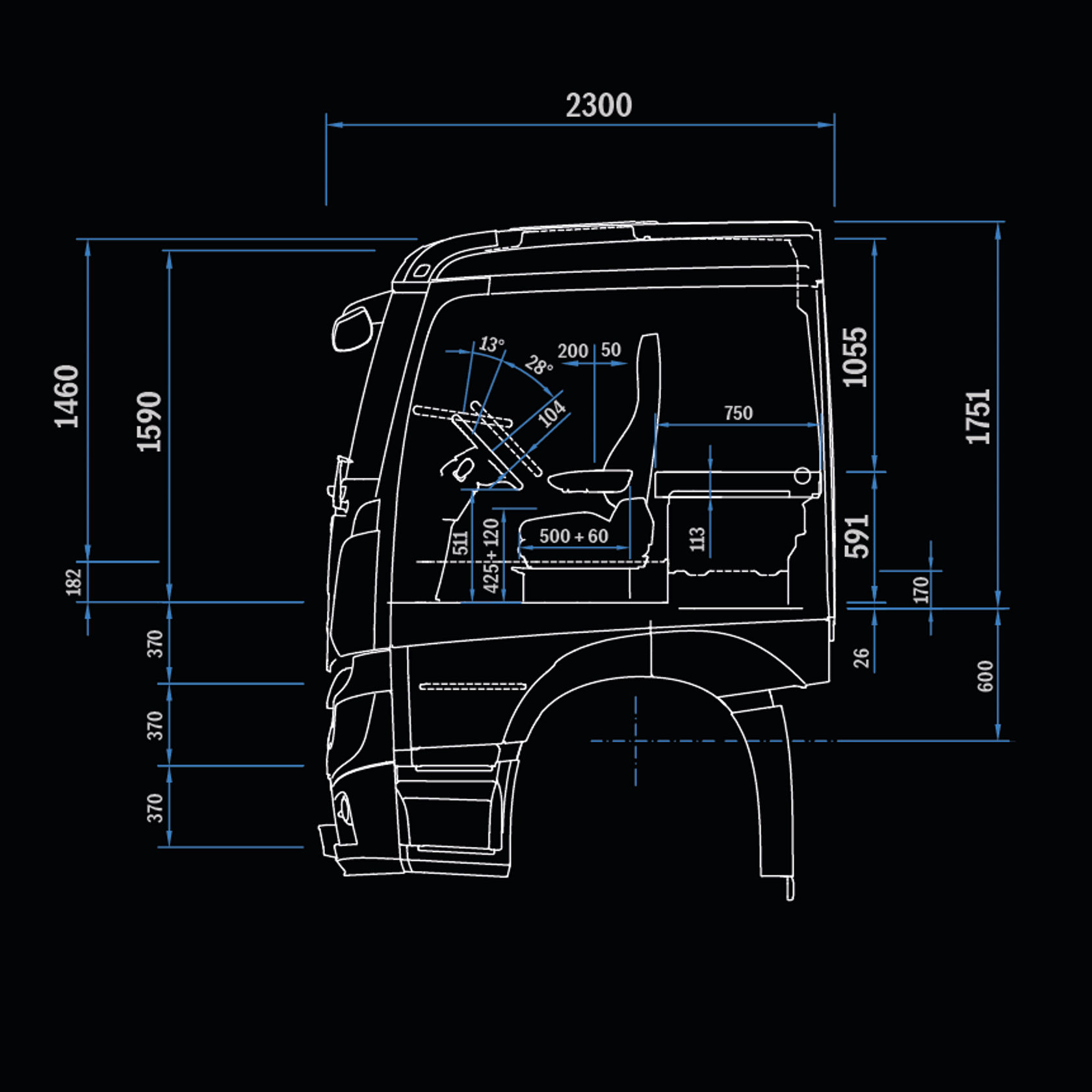 Cabina L ClassicSpace 2,3 m, túnel 170, vista lateral