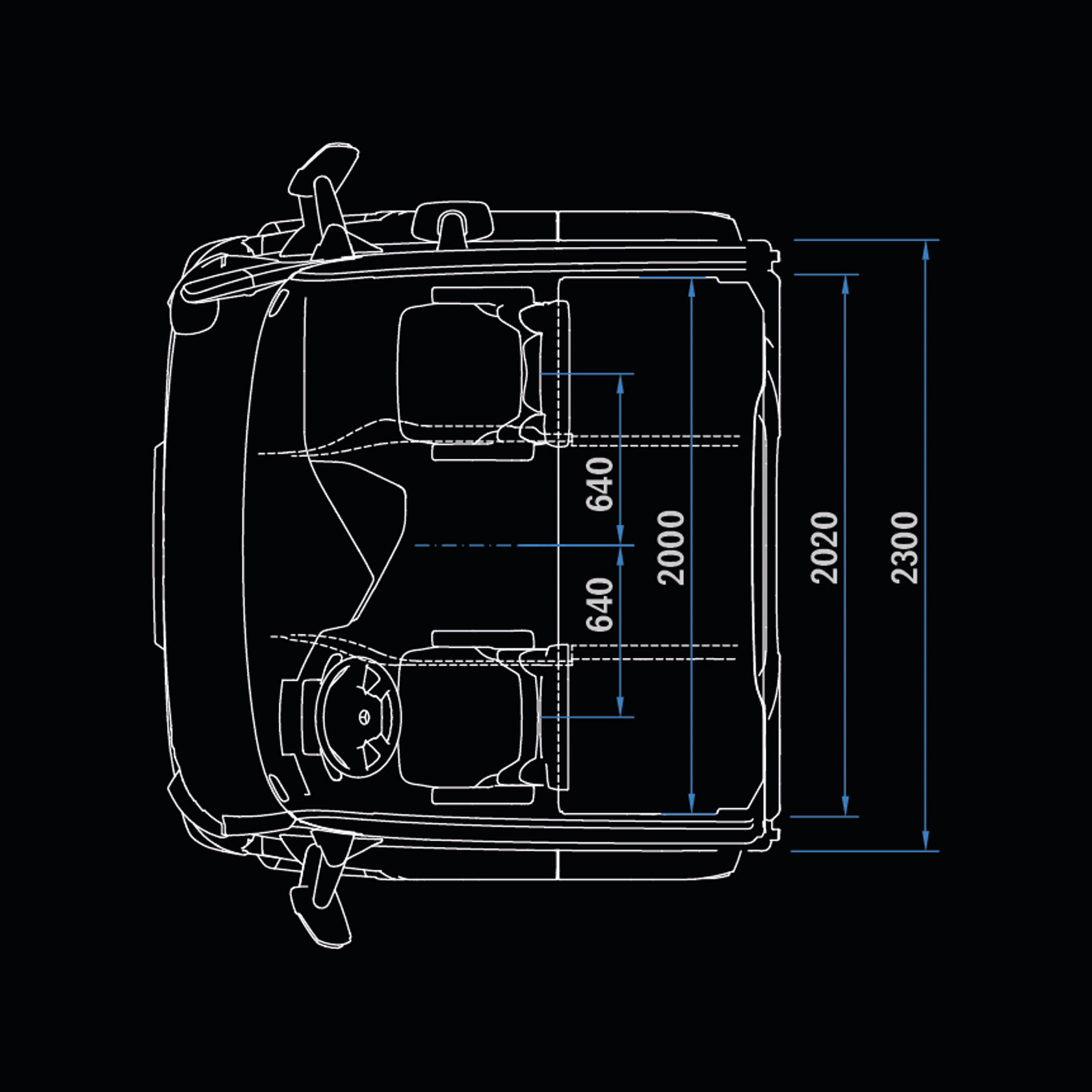 L-cabine ClassicSpace 2,3 m, tunnel 170, bovenaanzicht