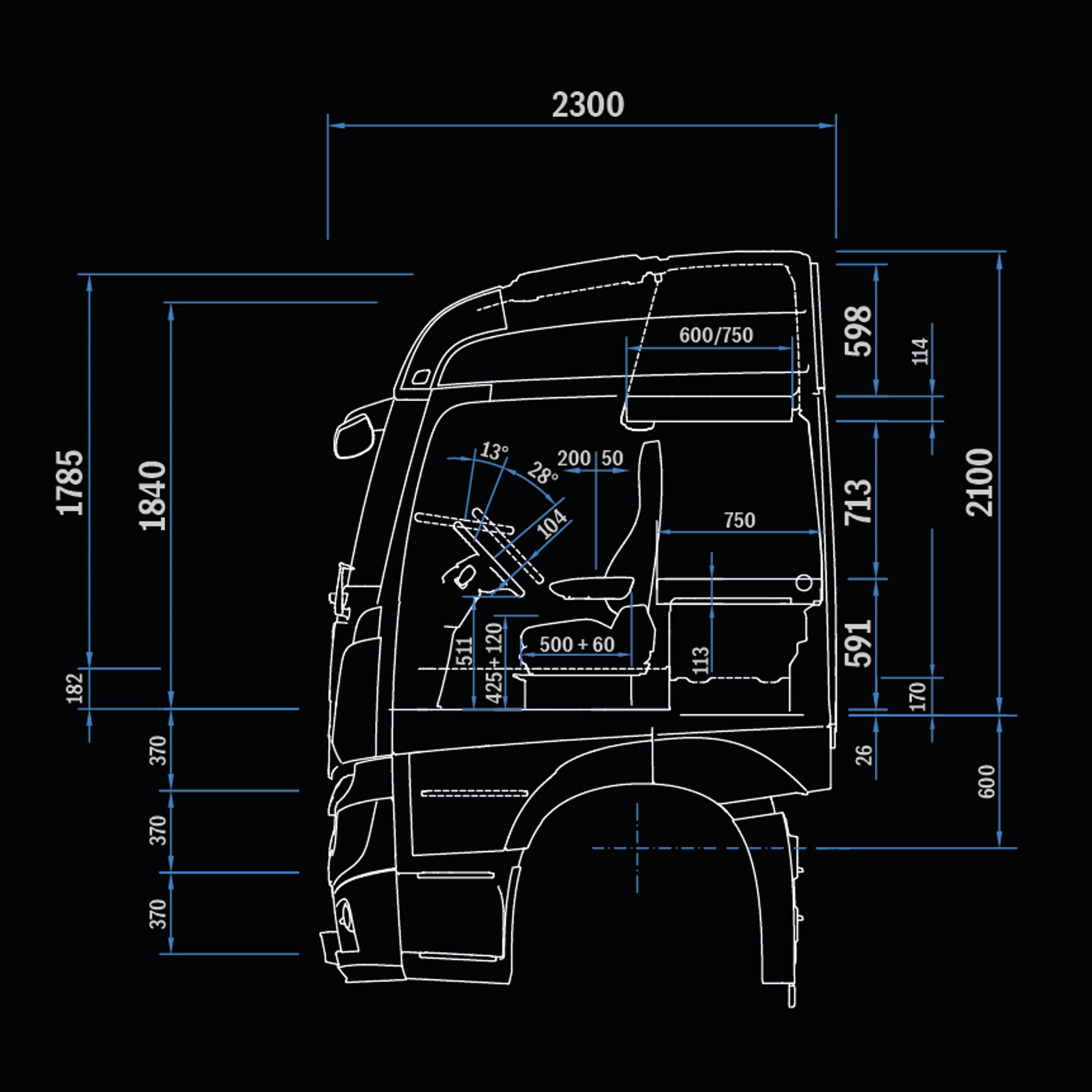 L-cabine StreamSpace, 2,3 m, tunnel 170 mm, zijaanzicht