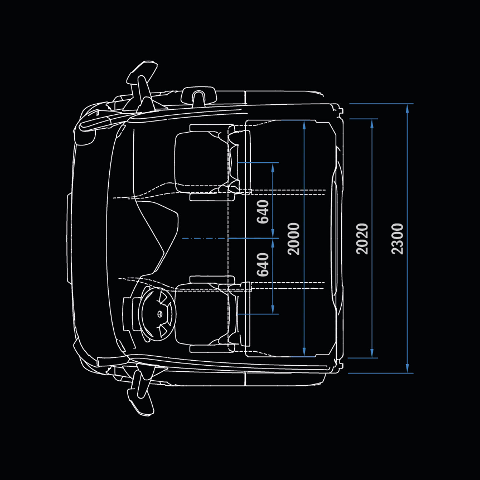 Cabine longue StreamSpace, 2,3 m, tunnel 170, vue de dessus