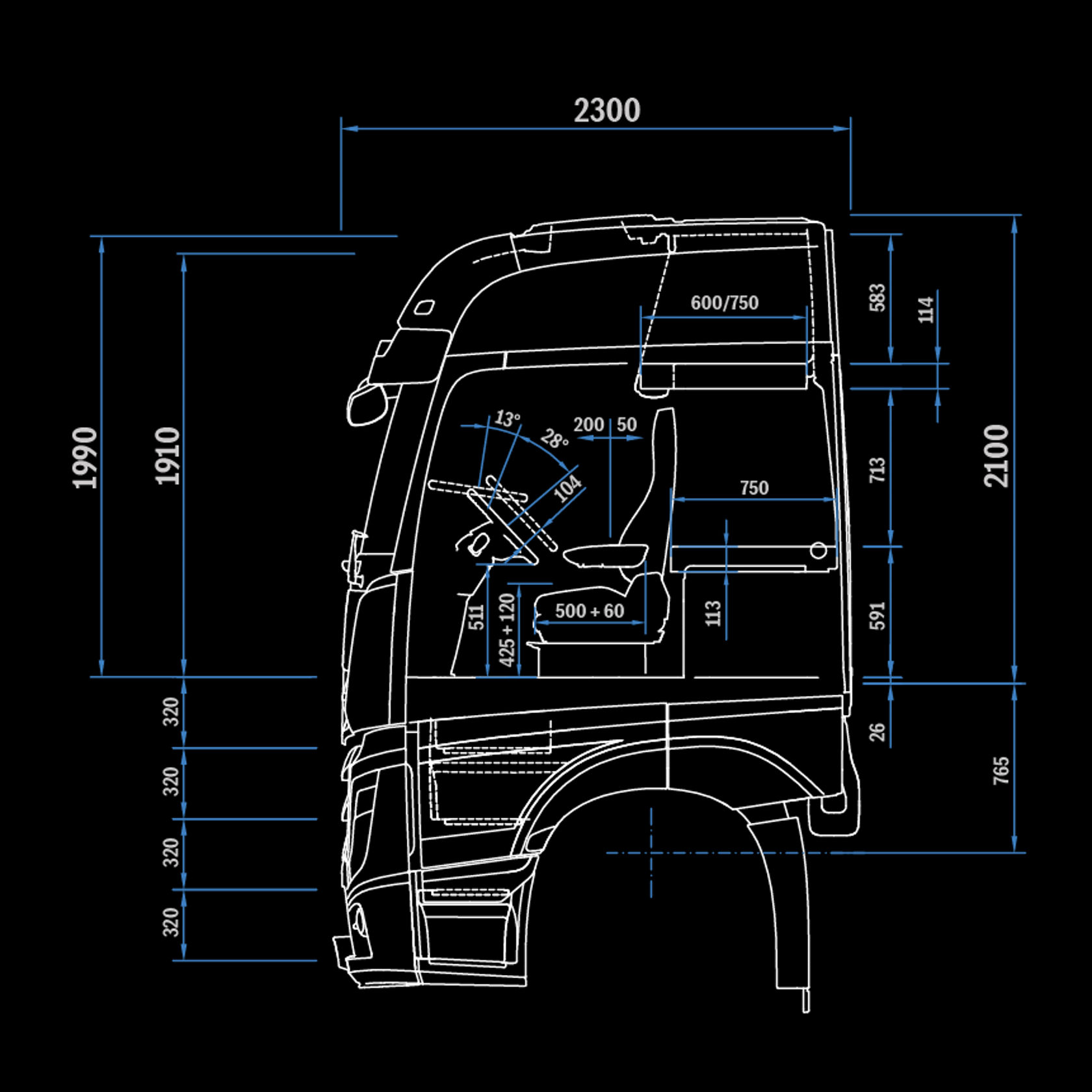 L-cabine BigSpace 2,5 m, tunnel 120, zijaanzicht