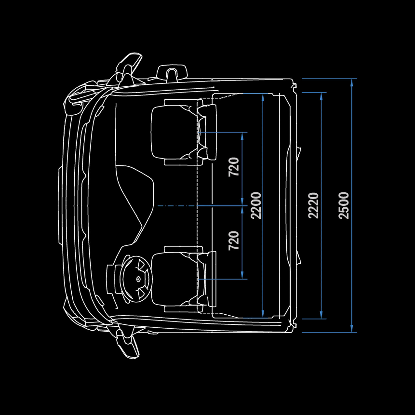 L-cabine BigSpace 2,5 m, tunnel 120, bovenaanzicht