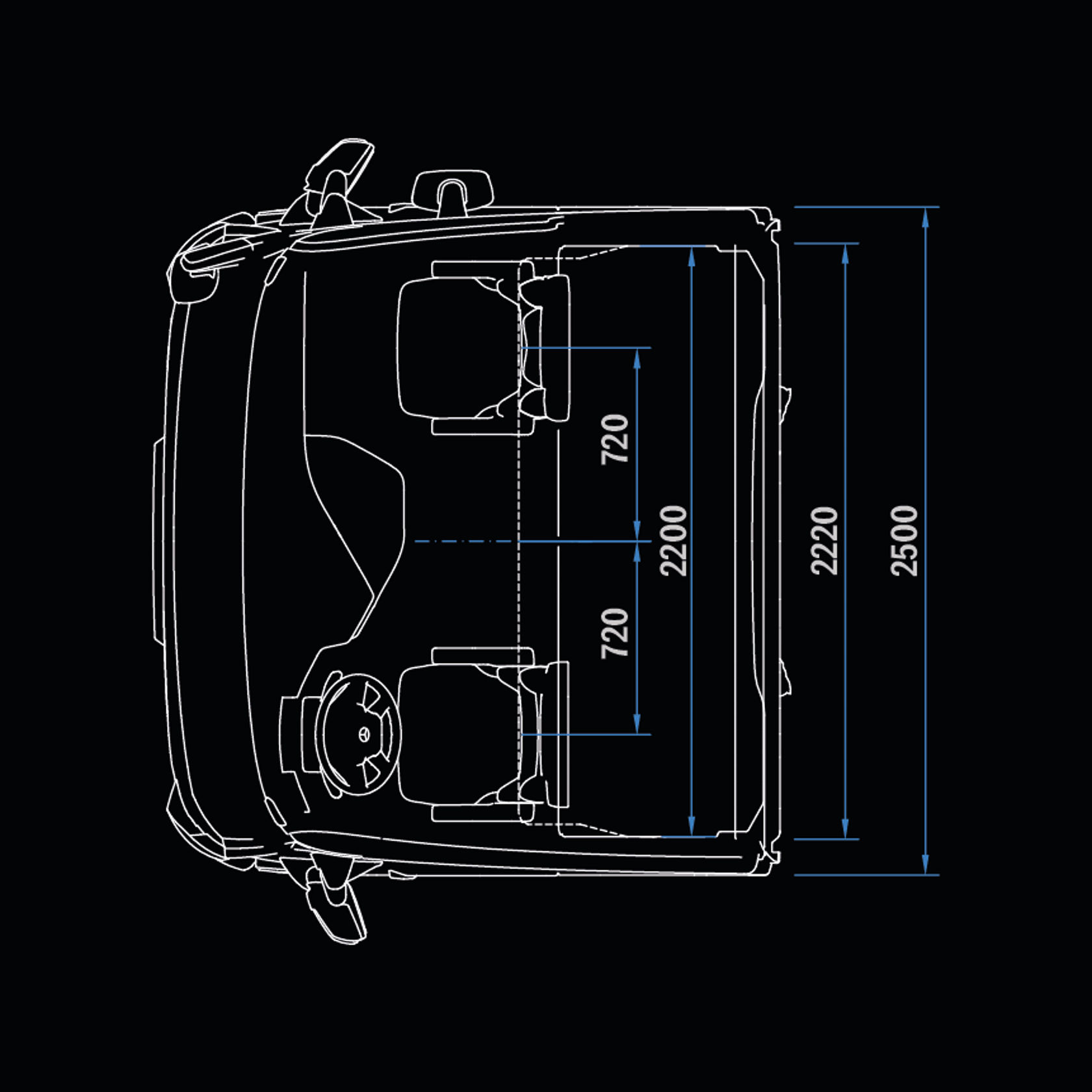 StreamSpace L-cab, 2.5 m, level floor, top view