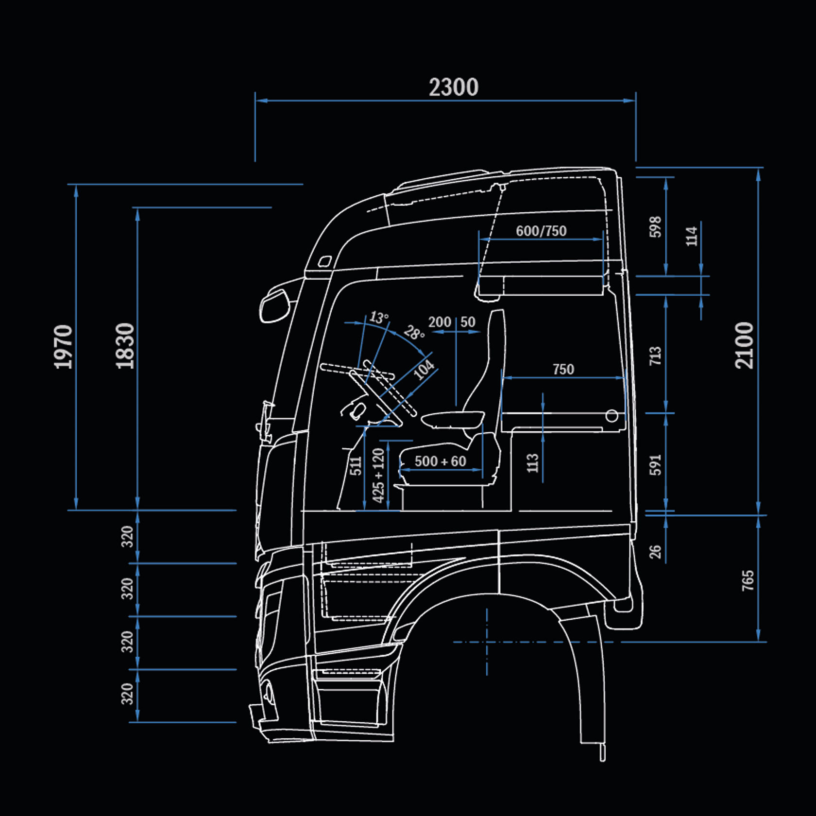 StreamSpace L-cab, 2.5 m, level floor, side view