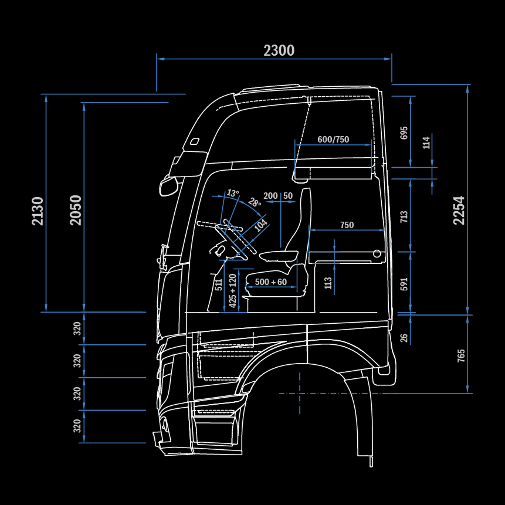 L 型車廂 StreamSpace 2.5 m，引擎通道 120，側視圖