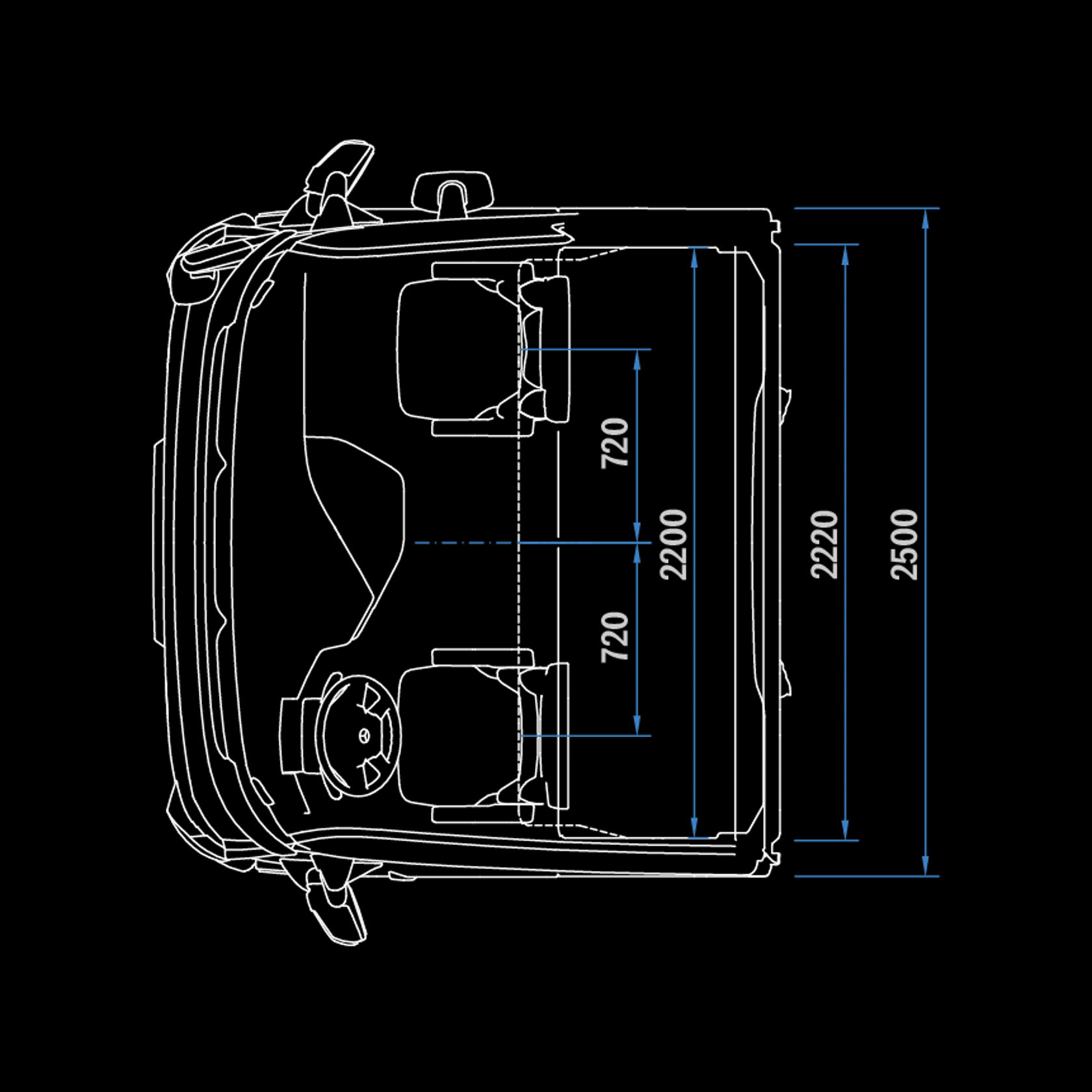 Cabine longue StreamSpace 2,5 m, tunnel 120, vue de dessus