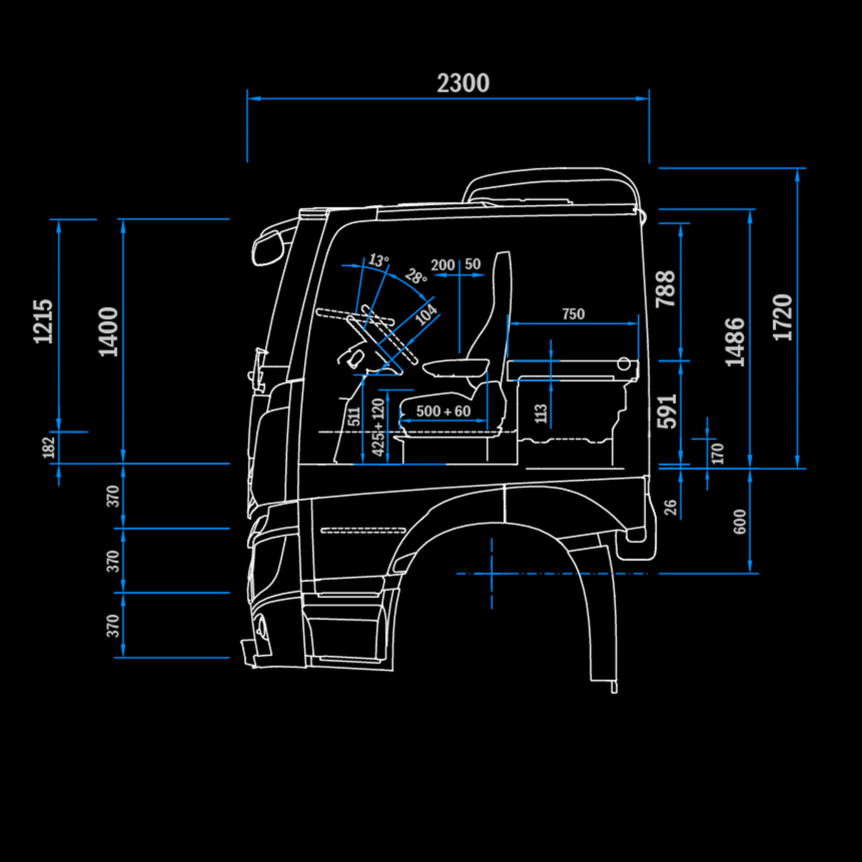 L-Fahrerhaus CompactSpace 2,3 m, Tunnel 170, Seitenansicht