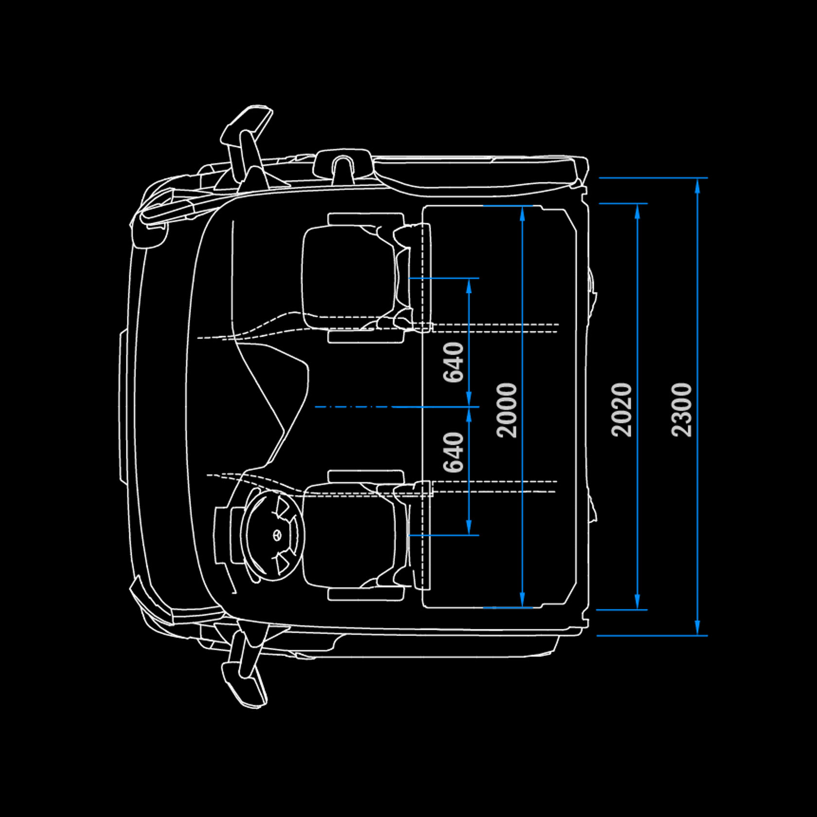 Cabine longue CompactSpace 2,3 m, tunnel 170, vue de dessus