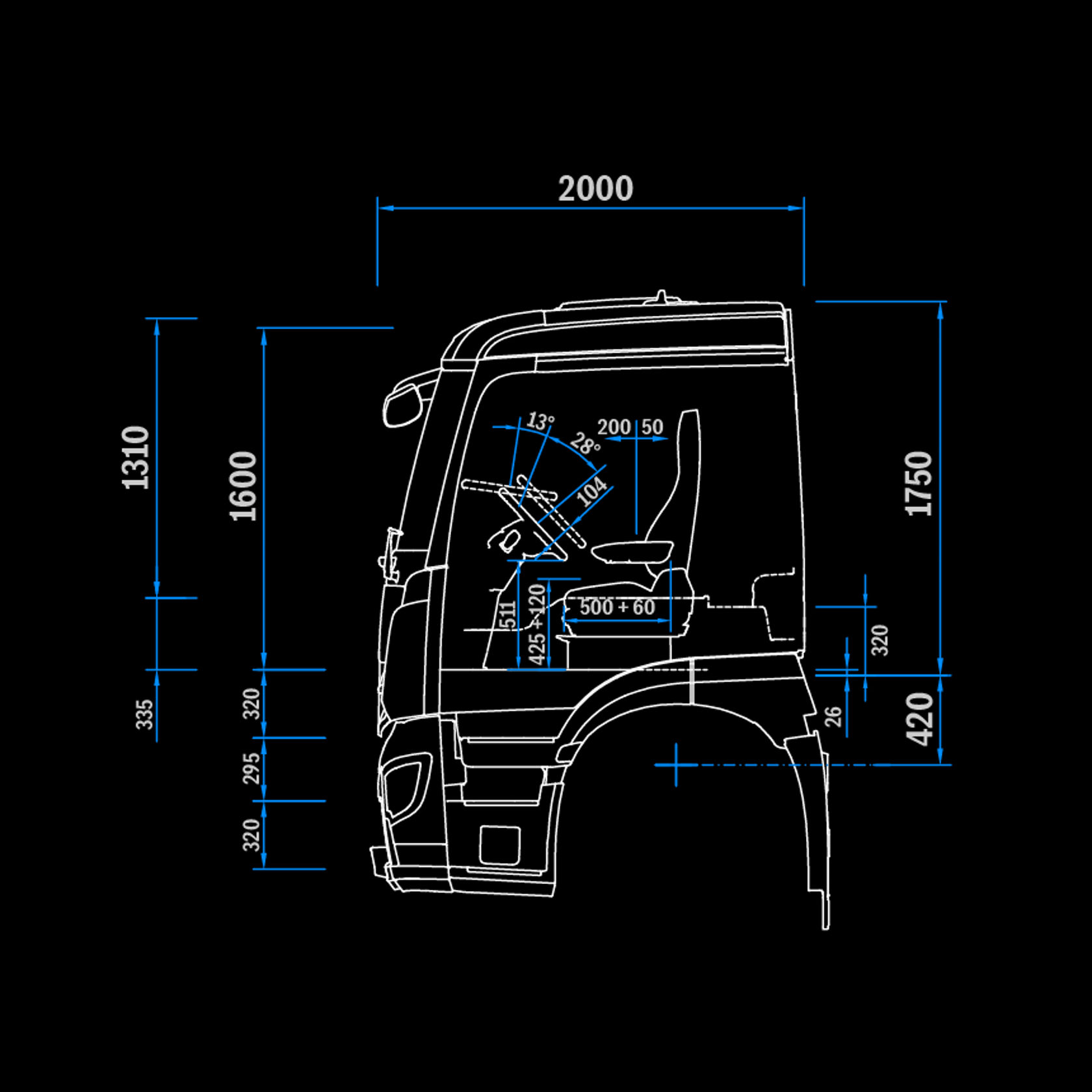 M-Fahrerhaus ClassicSpace 2,3m, Tunnel 320, Seitenansicht