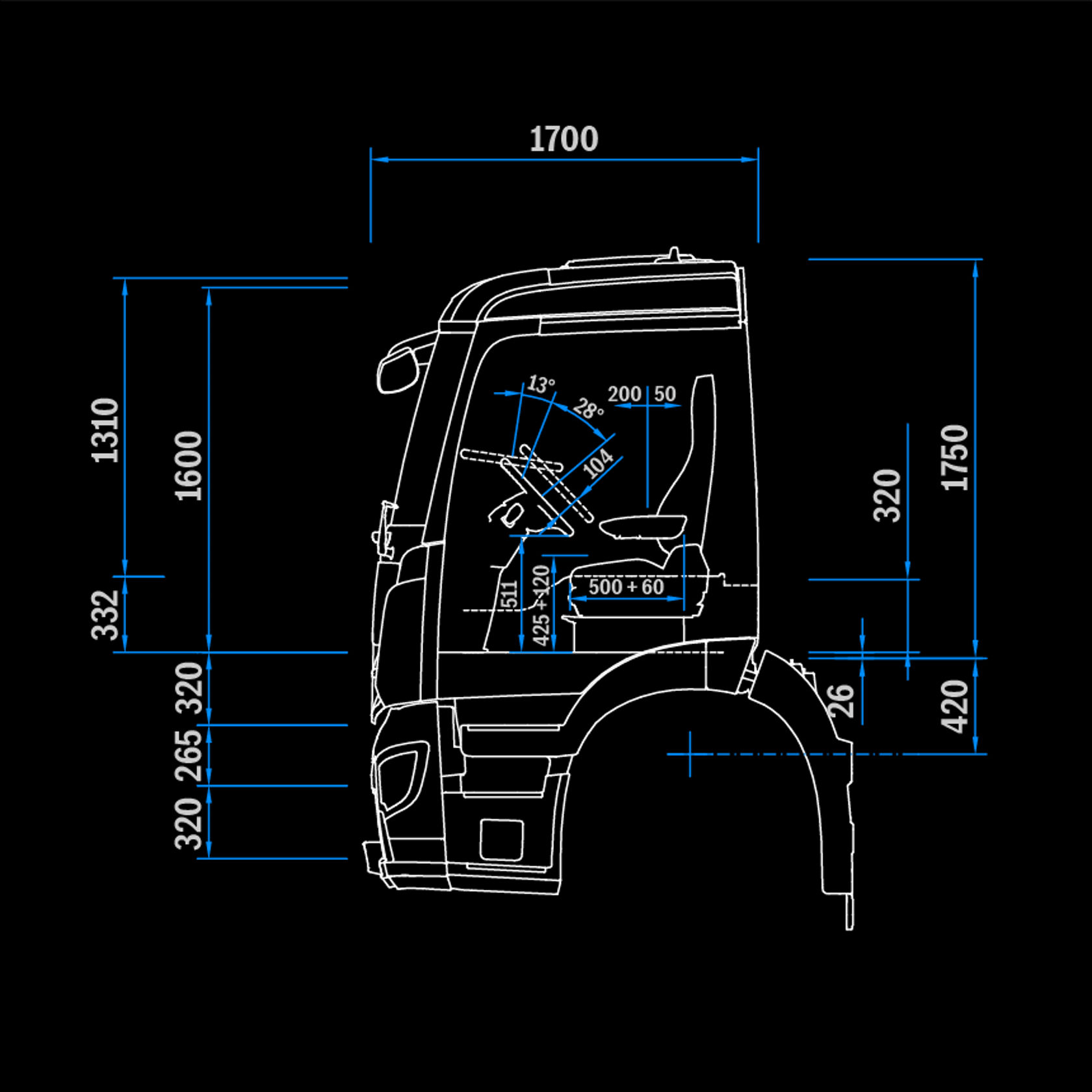 Cabina di guida S ClassicSpace 2,3 m, tunnel 320, vista laterale