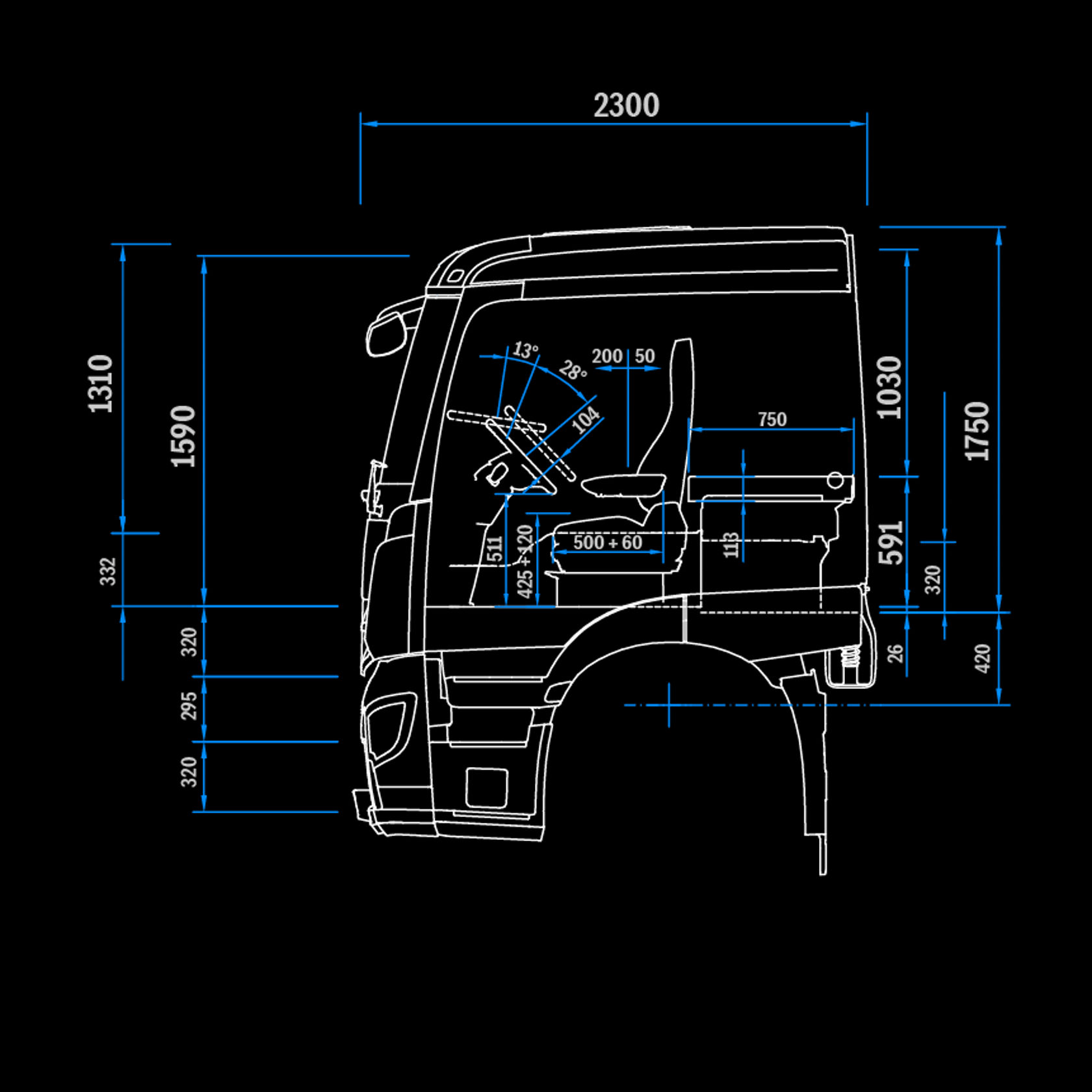 Cabina L ClassicSpace 2,3 m, túnel 320, vista lateral