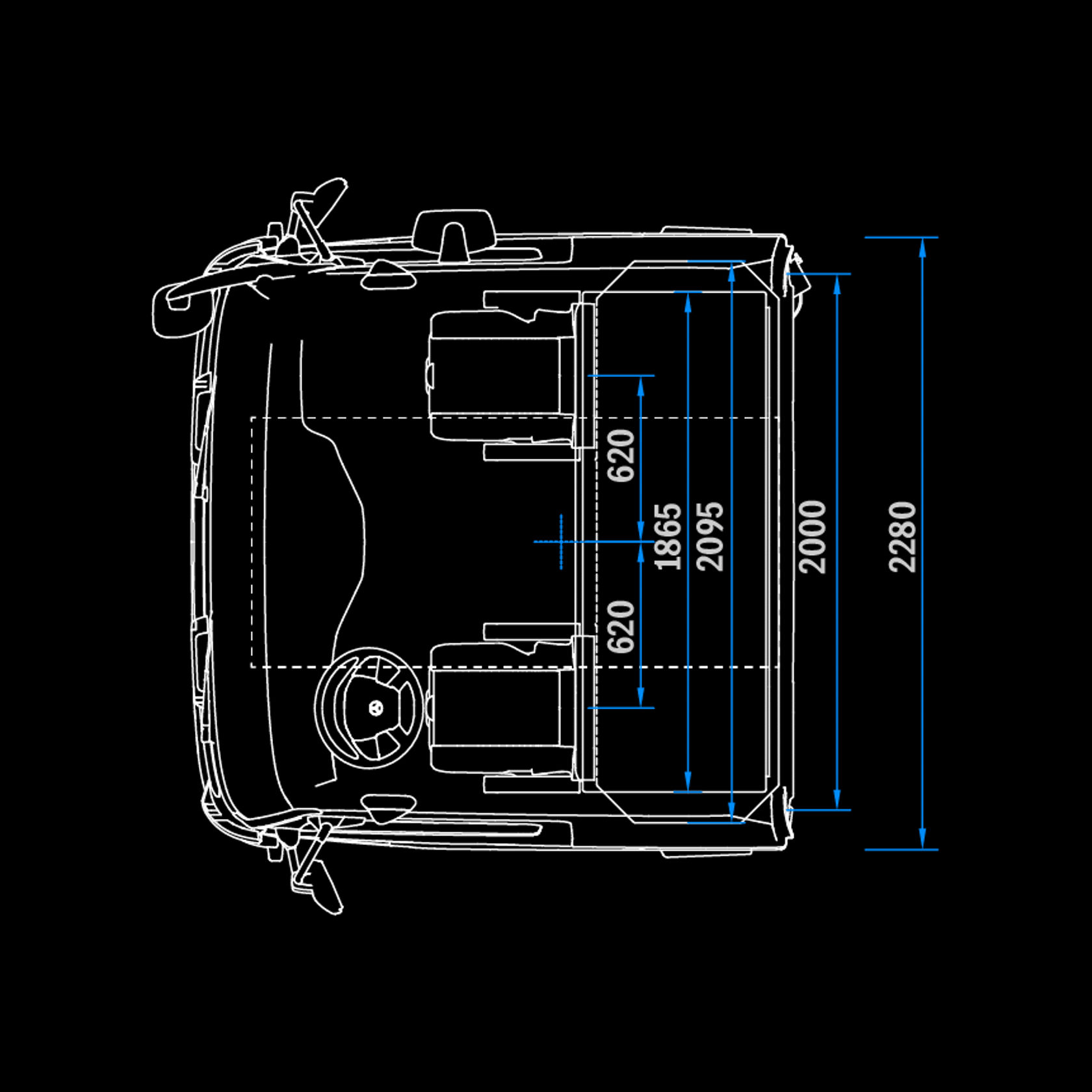 Cabine longue BigSpace, 2,3 m, tunnel, vue de dessus