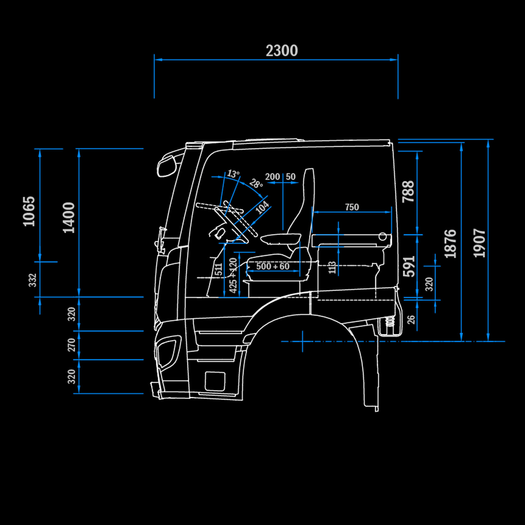 Kabina řidiče L CompactSpace 2,3 m, tunel 320, pohled z boku