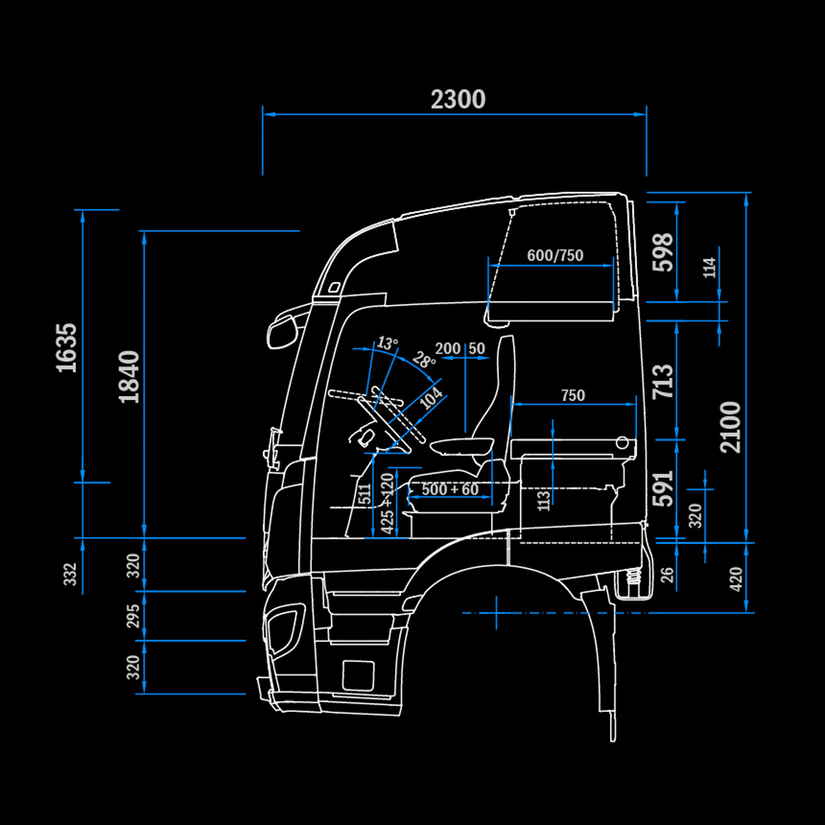 Cabine longue StreamSpace, 2,3 m, tunnel 320, vue latérale