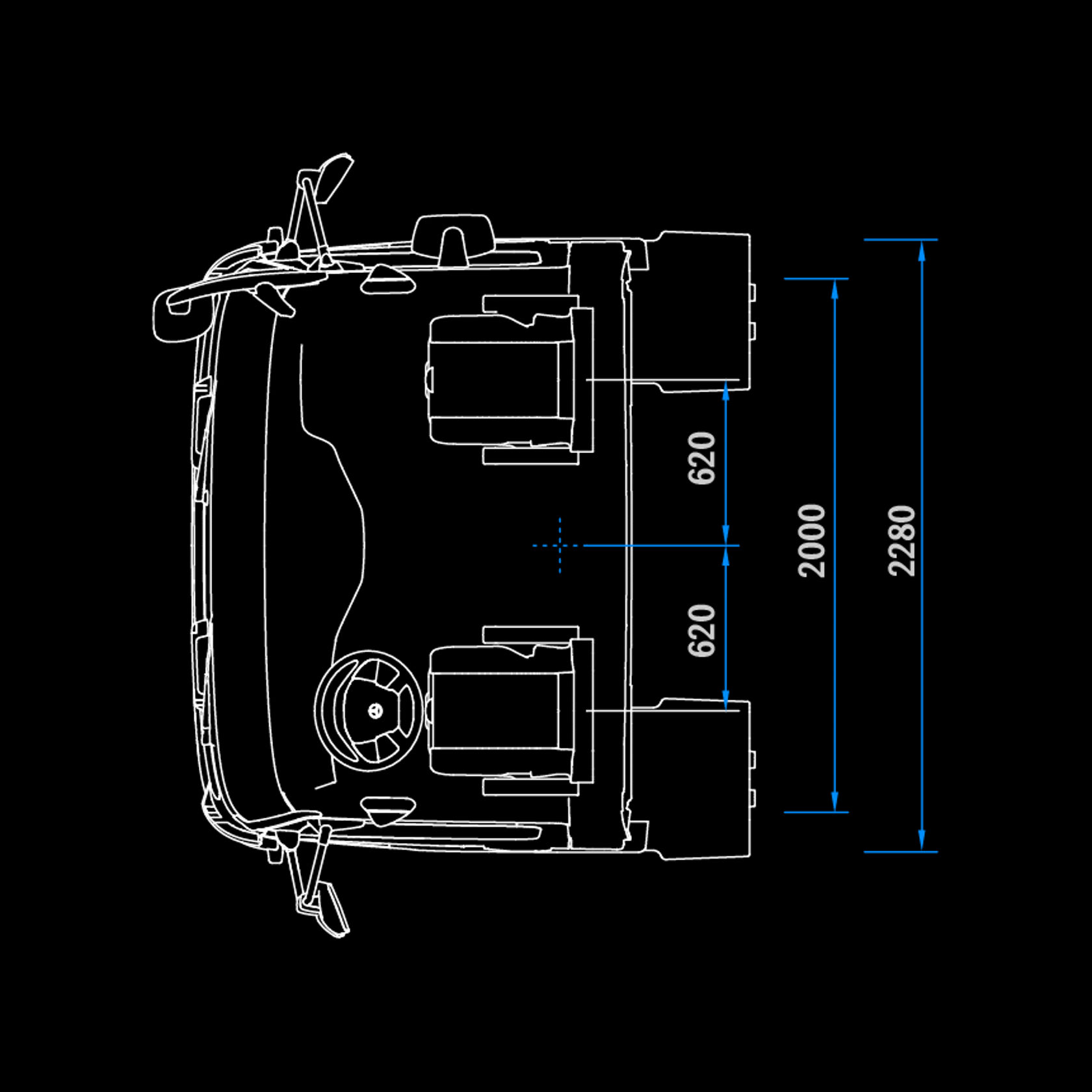 Cabine courte ClassicSpace, 2,3 m, tunnel, vue de dessus