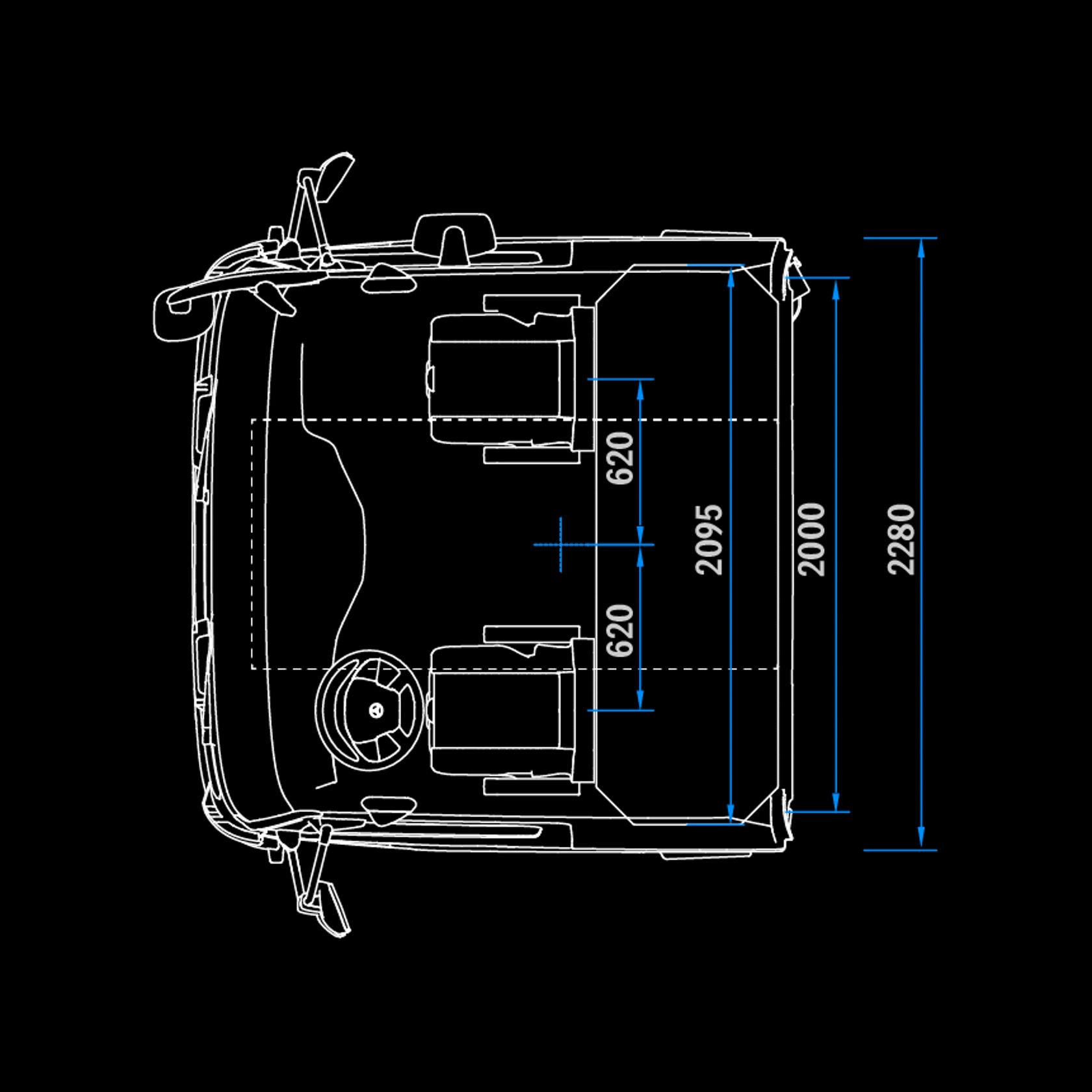 Cabine longue ClassicSpace, 2,3 m, tunnel, vue de dessus