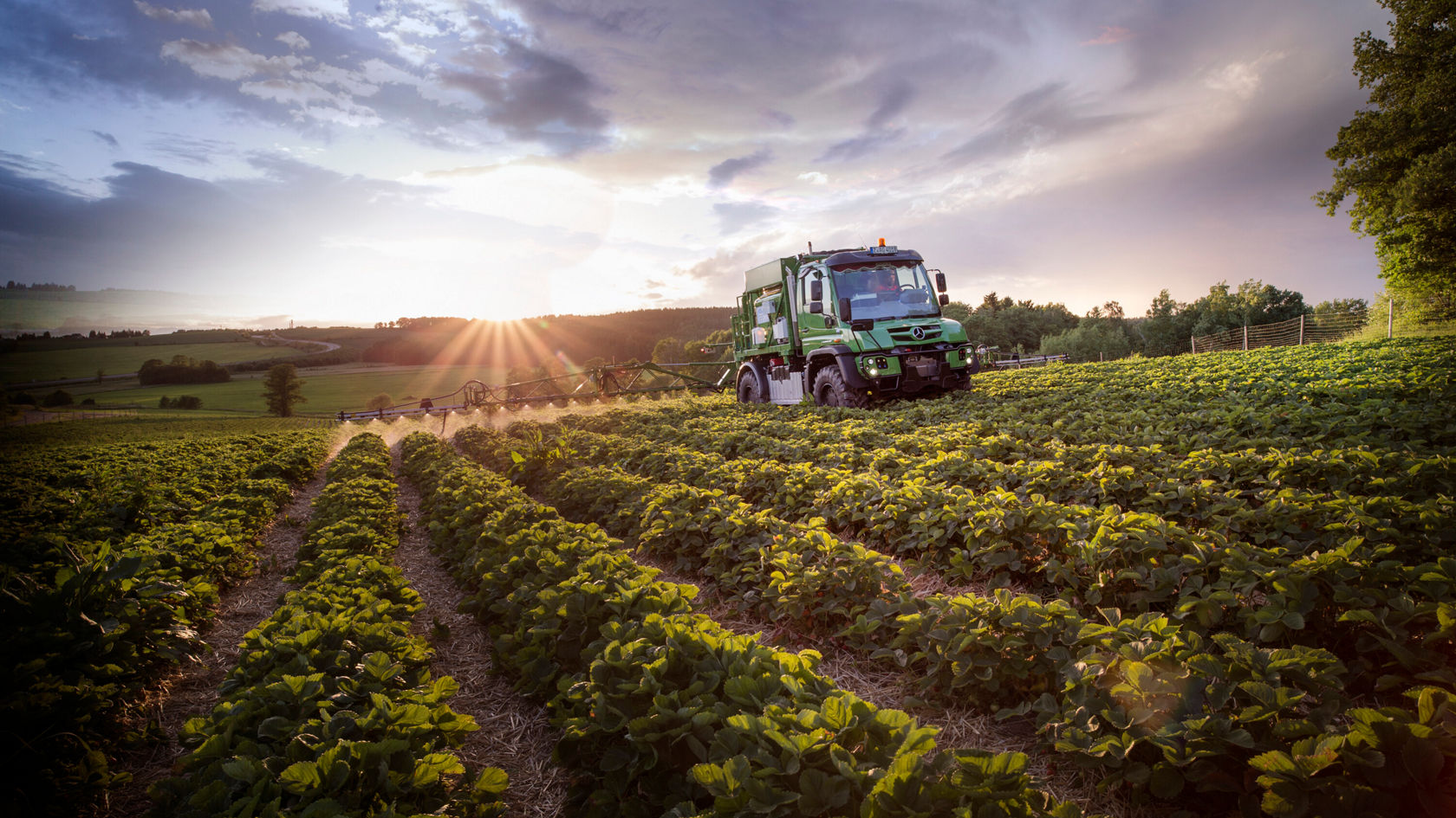 Unimog in the field at sunset