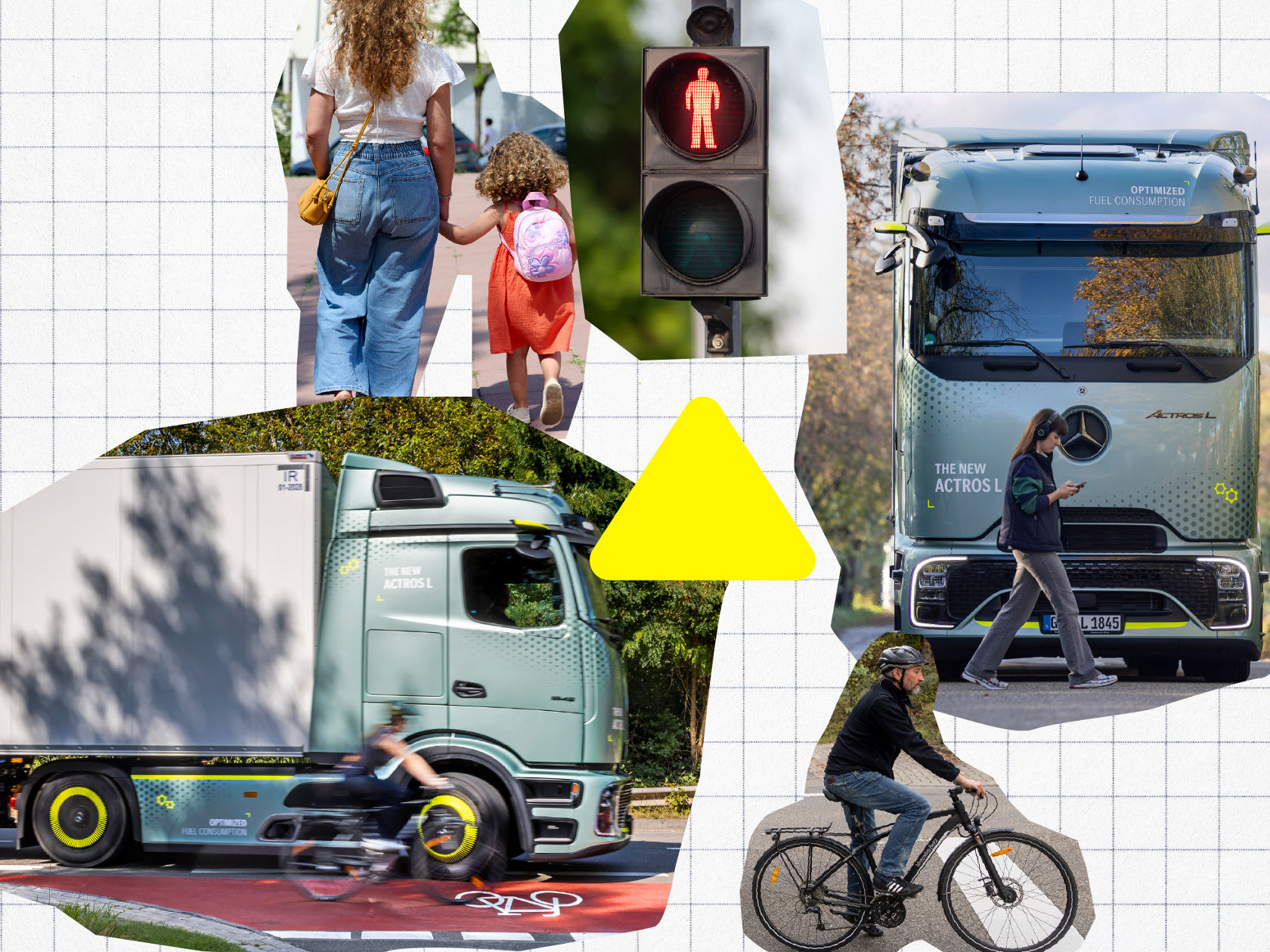 Ein Collage-Bild zeigt verschiedene Verkehrsszenen. Oben links gehen eine Frau und ein Kind, daneben ist eine rote Fußgängerampel zu sehen. In der Mitte des Bildes befindet sich ein gelbes Dreieck. Rechts oben steht ein grüner Truck, vor dem eine Frau mit Kopfhörern und Handy vorbeigeht. Links unten fährt ein grüner Truck auf einem Fahrradweg, auf dem ein Fahrradfahrer unscharf zu sehen ist. Unten rechts fährt ein Mann Fahrrad.