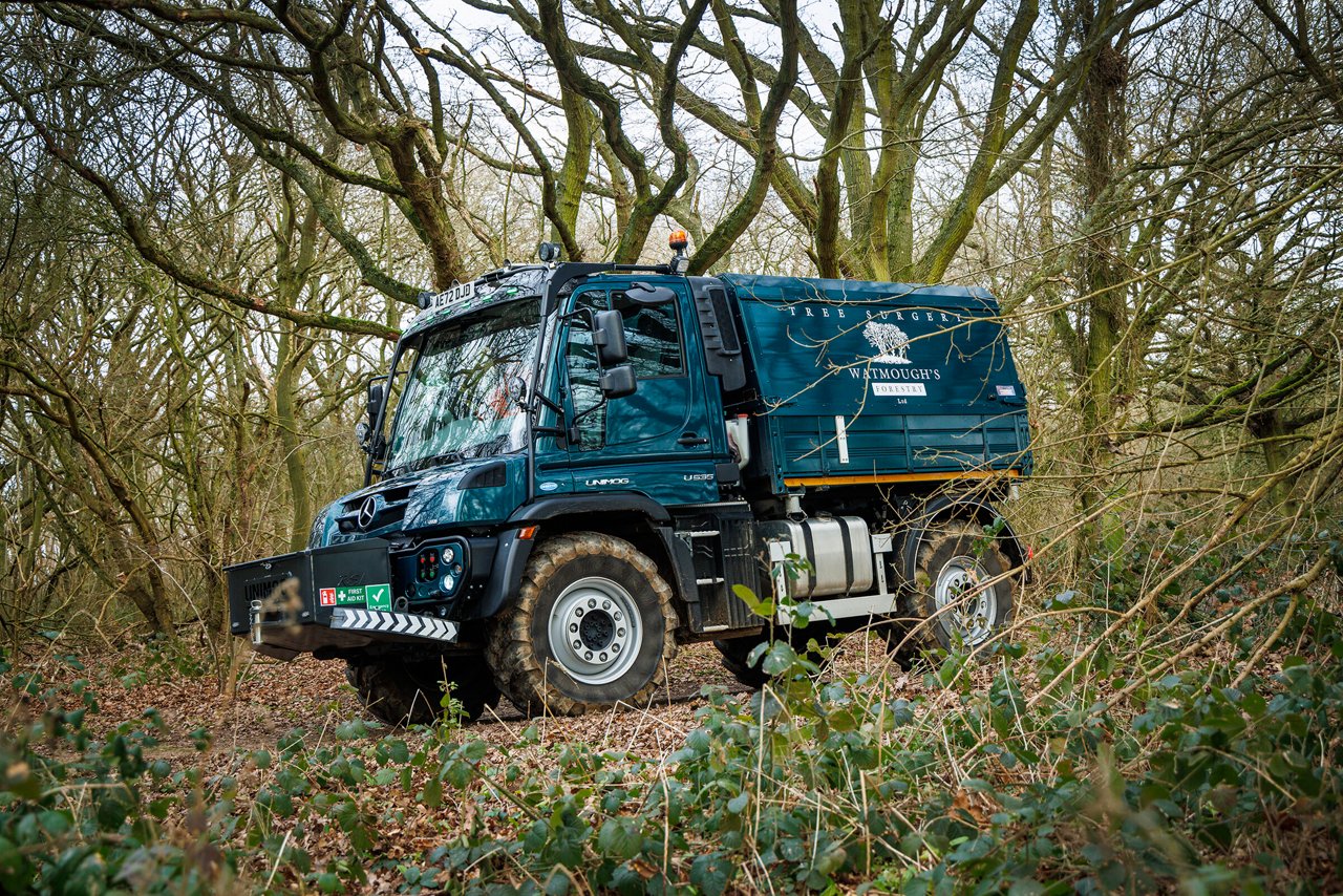 Ein Unimog U 535 steht im Wald, umgeben von Bäumen und dichtem Unterholz.