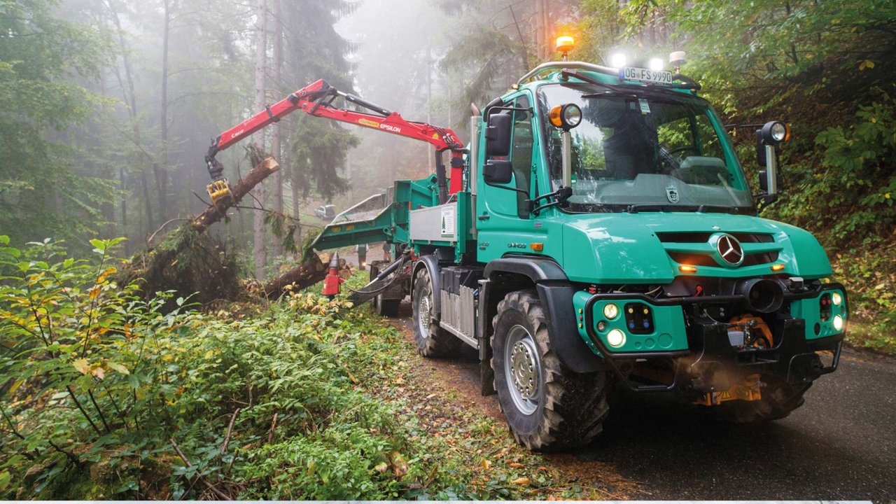 Auf einem Waldweg steht ein türkisfarbener Unimog. Mit einem roten Kranarm hebt er einen Baumstamm auf die Ladefläche. Die Scheinwerfer sind an, denn der Wald ist neblig und die Sicht schlecht.