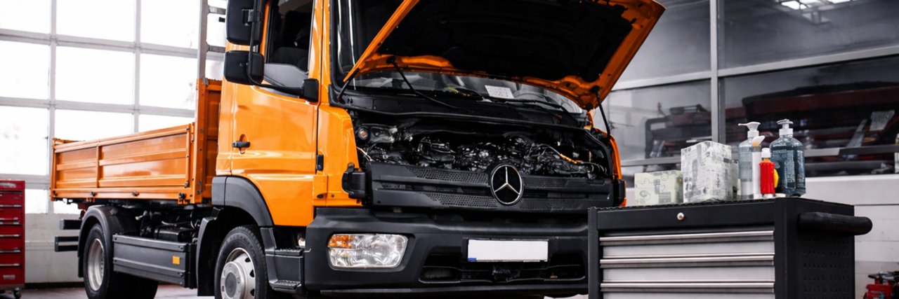 Autohaus August Hahn Betriebs-GmbH - Lkw steht mit geöffneter Motorhaube in der Werkstatt