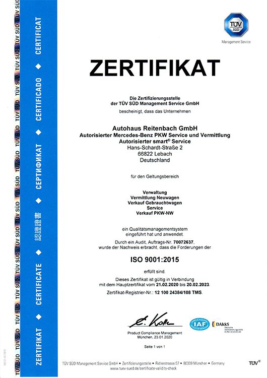Zertifikat Autohaus Reitenbach ISO 9001-2015