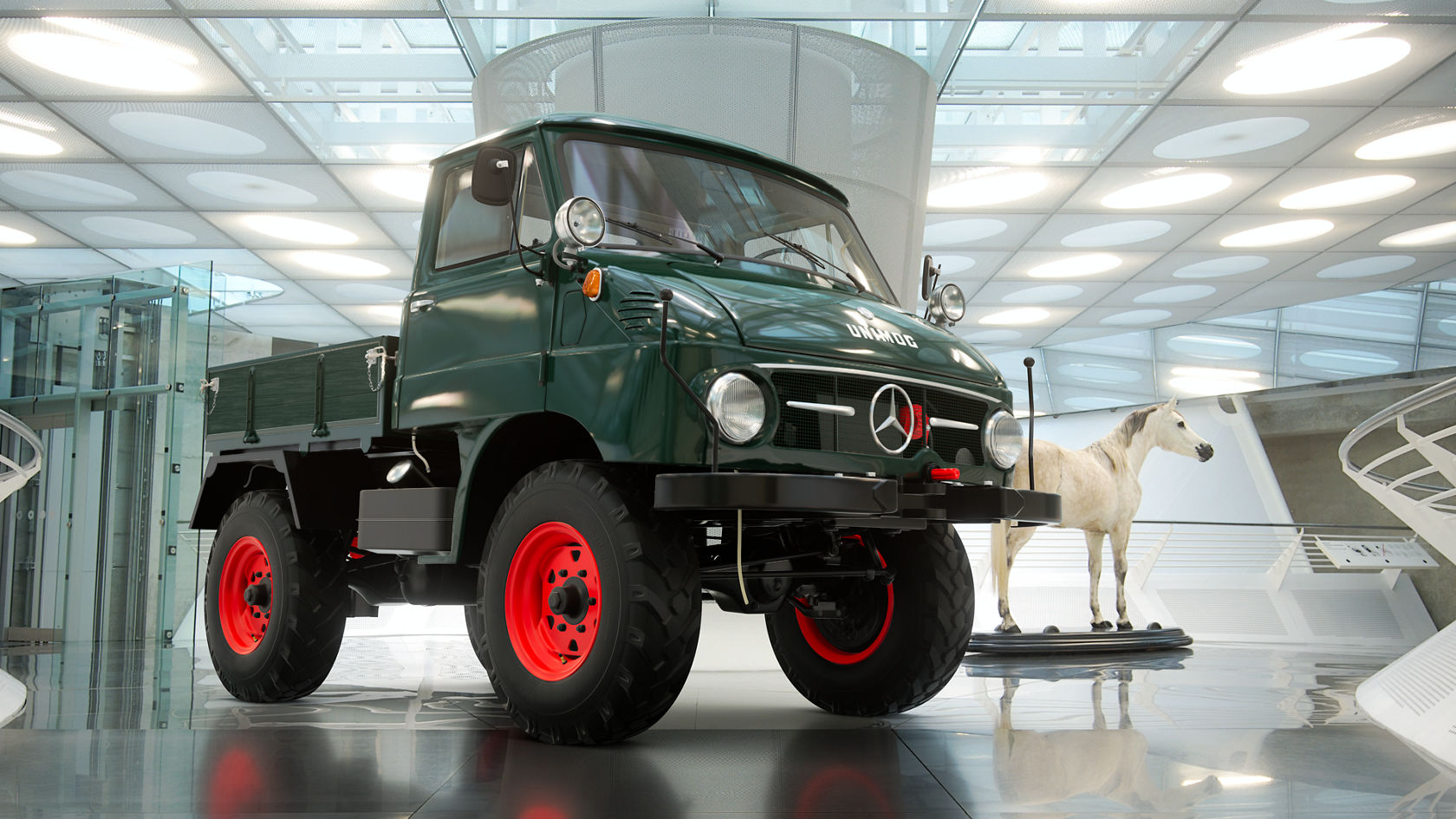 Een Unimog van Mercedes-Benz staat in een moderne galerij, omgeven door een gestileerde omgeving. De vrachtwagen heeft een groene carrosserie en opvallende rood-oranje velgen.