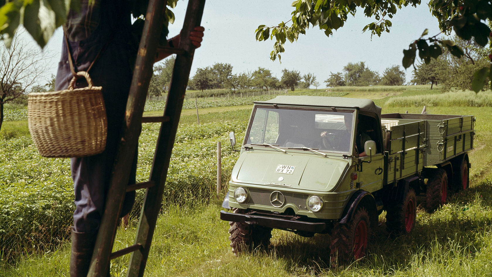 A Mercedes-Benz Unimog stands on a field road, while a person with a basket stands on a ladder, possibly to pick fruit.