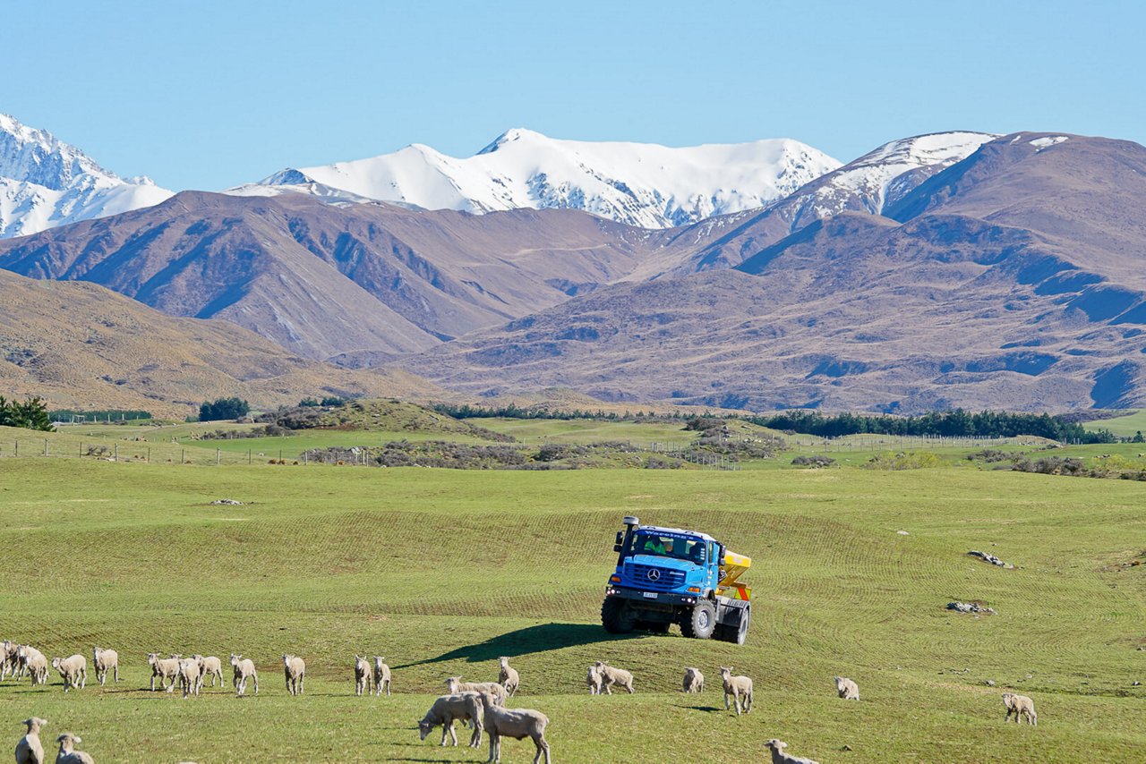 Un Zetros bleu traverse un vaste champ verdoyant parsemé de moutons. En arrière-plan, des montagnes enneigées sont visibles, formant un paysage rural.