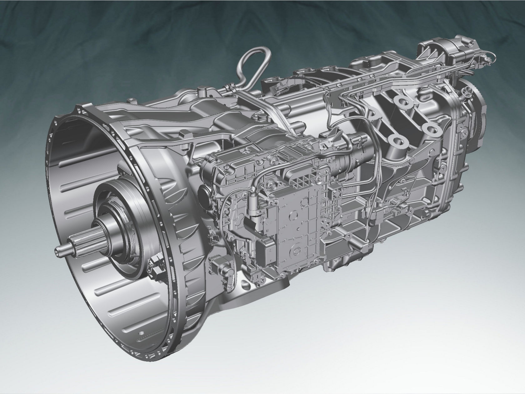 De afbeelding toont een gedetailleerd 3D-model van een complex mechanisch onderdeel, een transmissie. Het is in grijstinten gehouden en geplaatst tegen een donkergrijze achtergrond met een lichter gedeelte linksonder.