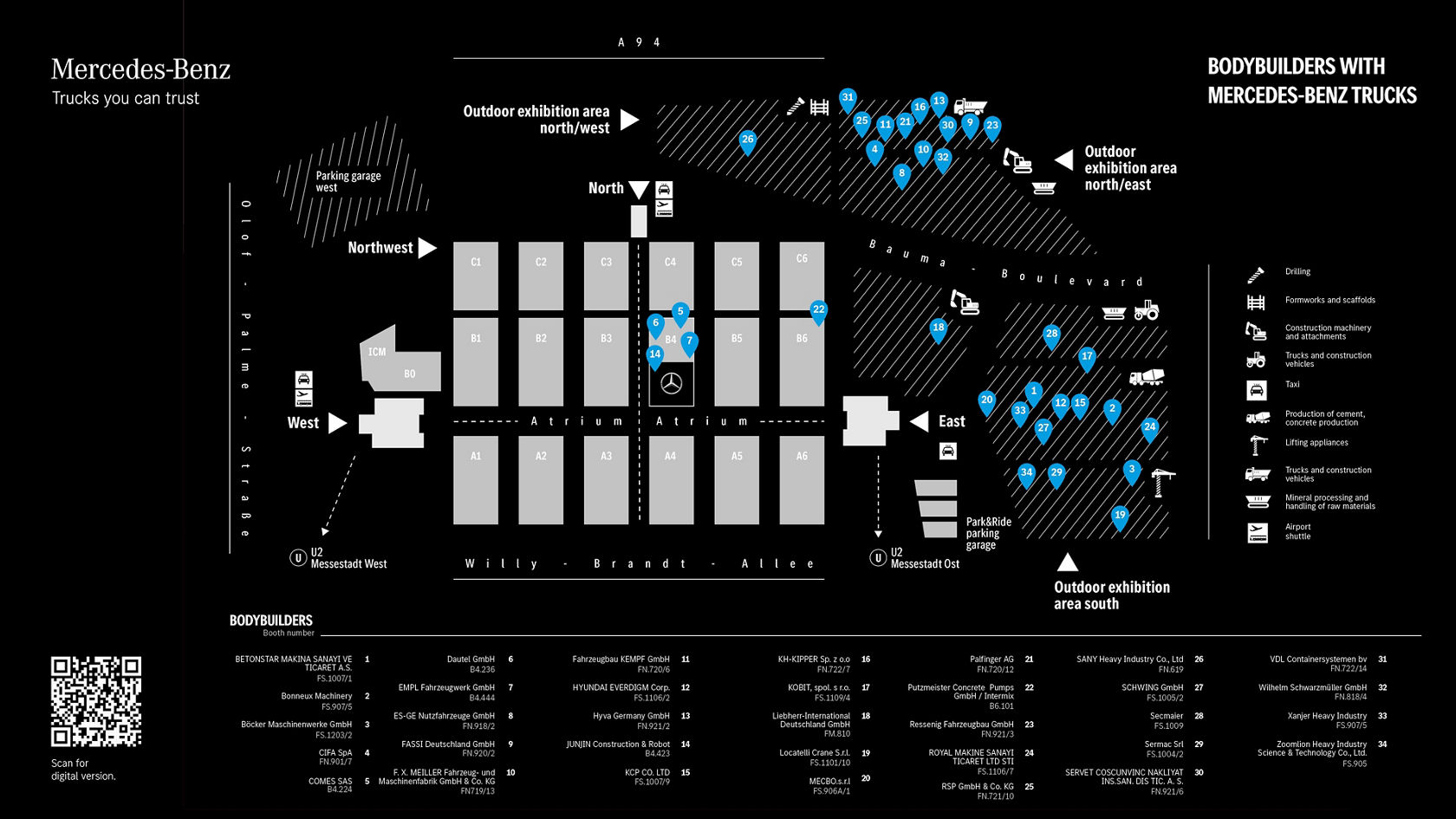 Ein Lageplan der Messe München, zeigt auf dunkelblauem Hintergrund die hellgrauen Hallen (A-C 1-6) und gestreift dargestellte Freiflächen (Nord/West, Nord/Ost, Süd). Halle B4 ist blau hervorgehoben. U-Bahn-Stationen (U2 Messestadt West/Ost) und das ICM sind eingezeichnet, ebenso die Himmelsrichtungen.