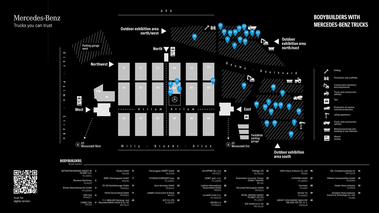 Ein Lageplan der Messe München, zeigt auf dunkelblauem Hintergrund die hellgrauen Hallen (A-C 1-6) und gestreift dargestellte Freiflächen (Nord/West, Nord/Ost, Süd). Halle B4 ist blau hervorgehoben. U-Bahn-Stationen (U2 Messestadt West/Ost) und das ICM sind eingezeichnet, ebenso die Himmelsrichtungen.