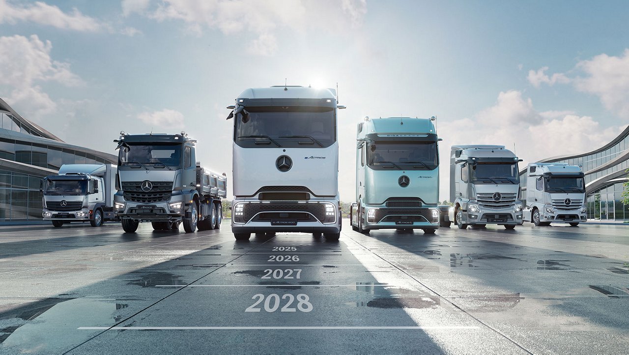 Mercedes-Benz LKW-Flotte vor modernem Gebäude.