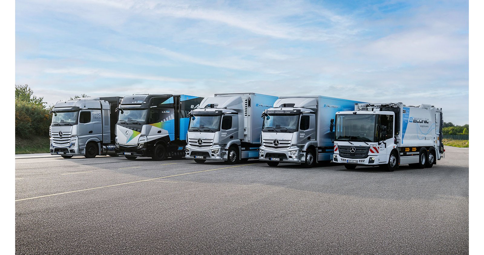 Gamma di autocarri Mercedes-Benz in fila su un sito di prova con tempo soleggiato.